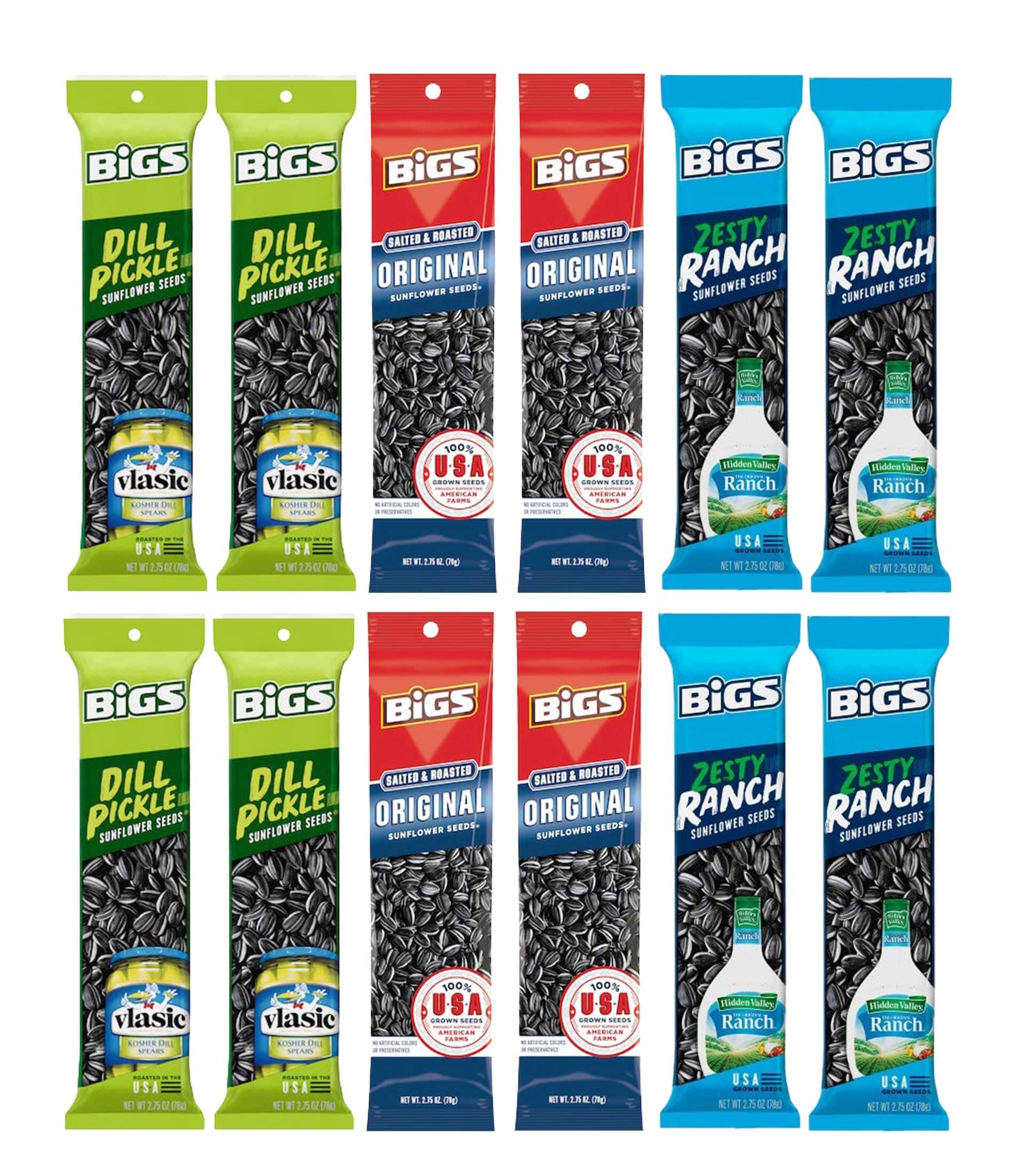 BIGS Sunflower Seeds Variety Pack, Original, Dill Pickle, Zesty Ranch, 2.75 Ounce Each, 4 per Flavor (Pack of 12) Snackathon Original Dill Ranch 12 Pack