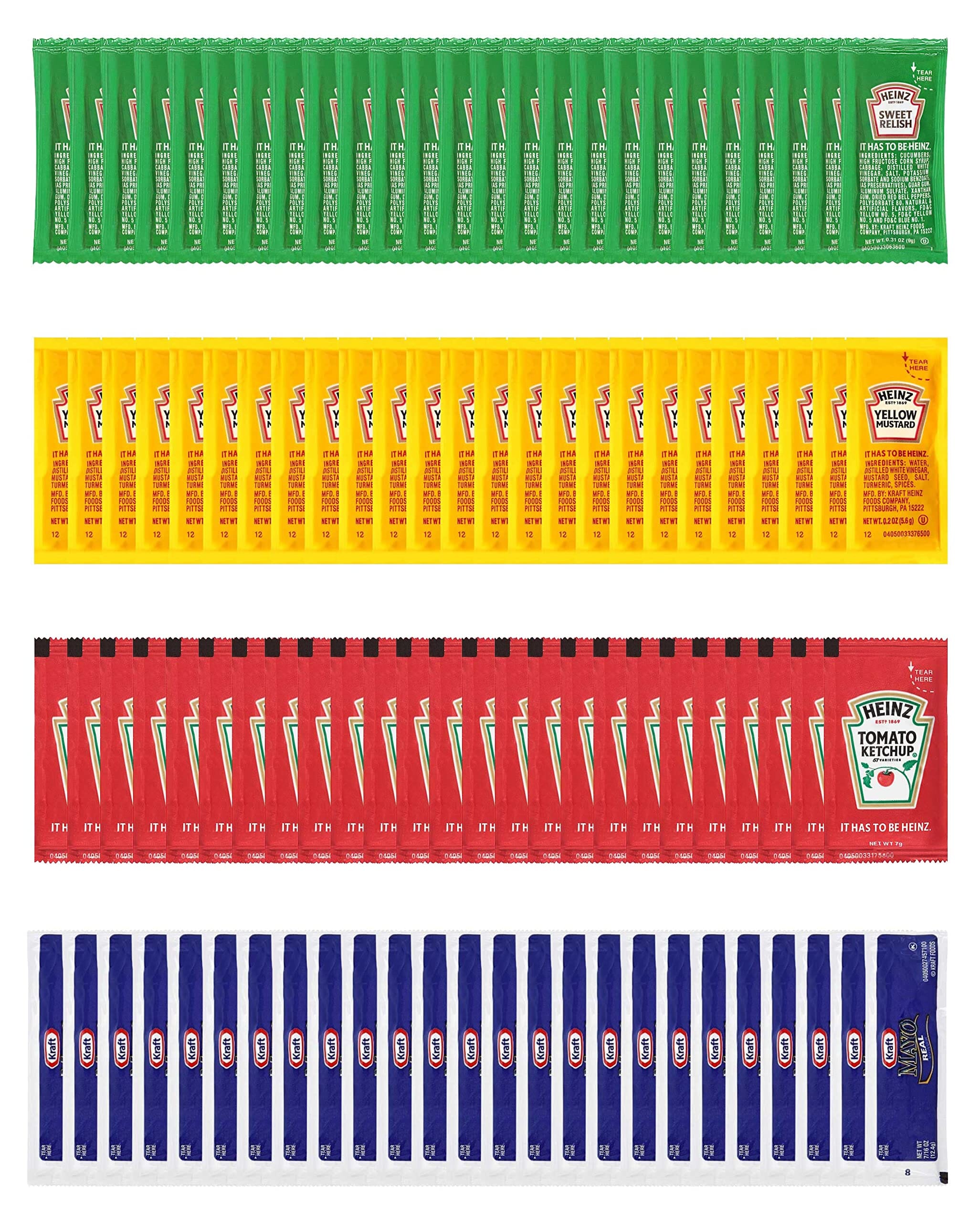 Condiment Packets On the Go, Ketchup, Mustard, Relish, Mayo, 25 Packets each, 100 Packets Total Snackathon Foods