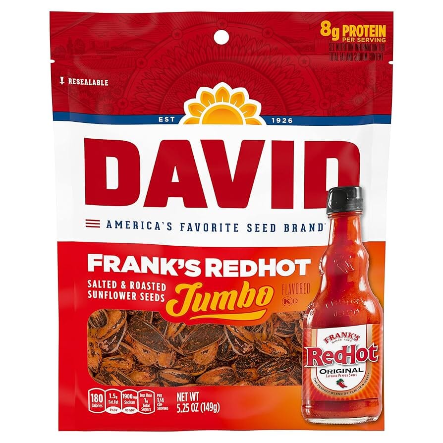 David Frank's Redhot Flavored Salted & Roasted Jumbo Sunflower Seeds, 5.25 Ounce David Sunflower