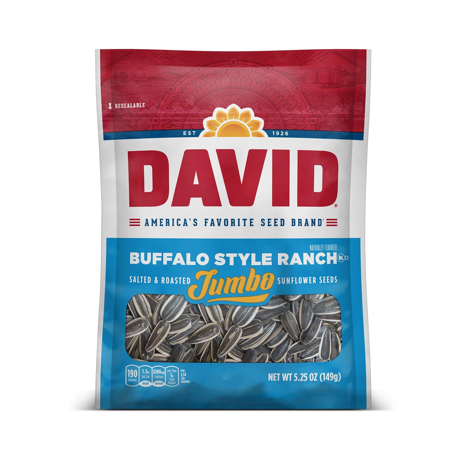 DAVID Roasted and Salted Jumbo Sunflower Seeds, Buffalo Style Ranch Flavor, 5.25 Ounce, Pack of 12 David