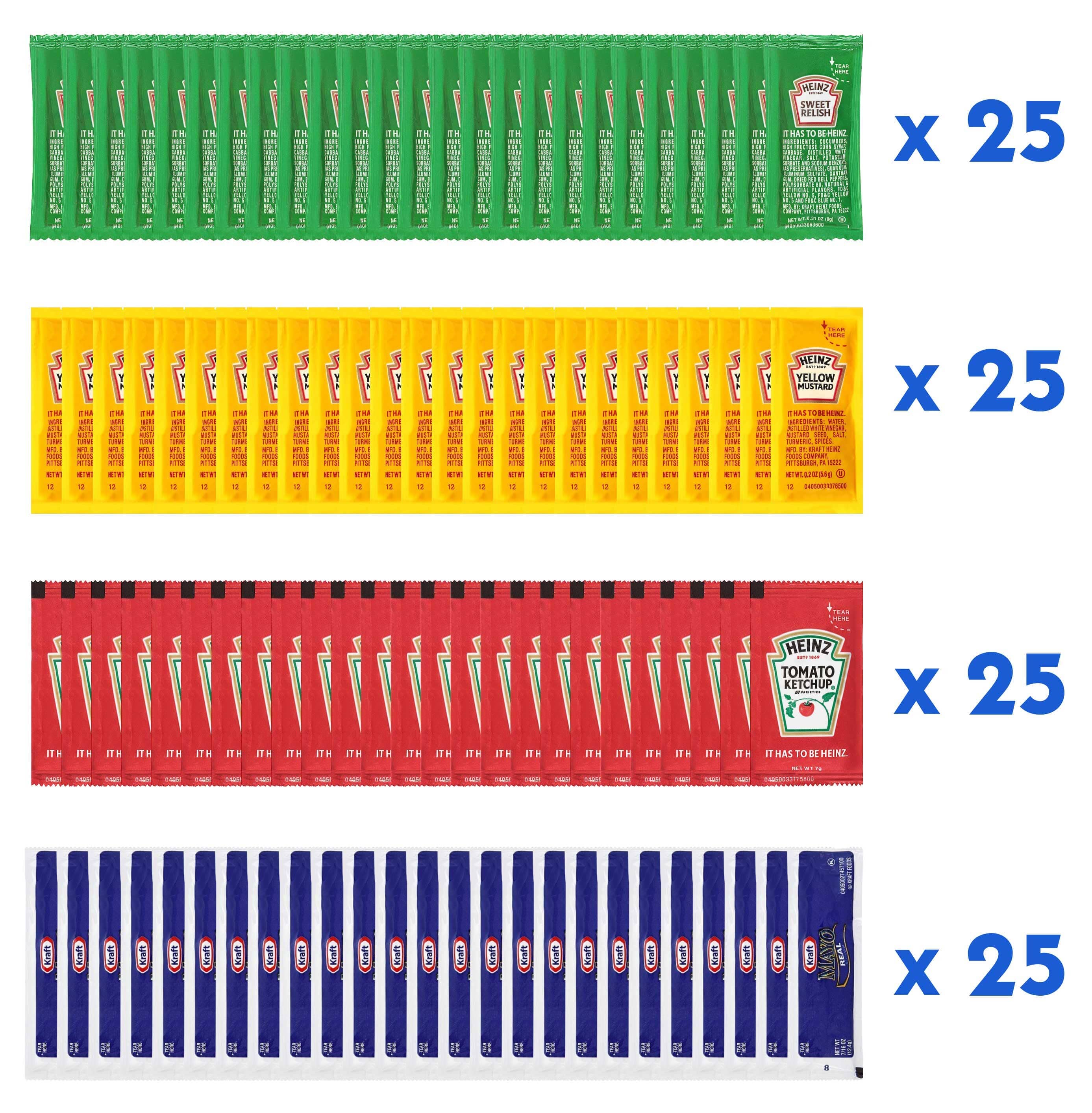Heinz & Kraft Condiment Packets On the Go, Ketchup, Mustard, Relish, Mayo, 25 Packets Each, 100 Packets Total Snackathon
