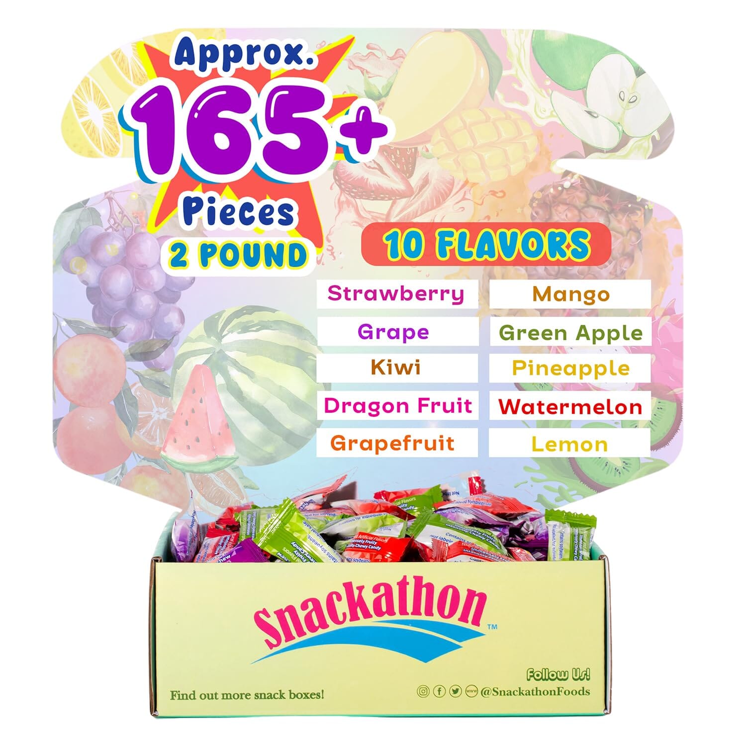Hi Chew 10 Flavors, Bulk 165+ Pieces, 2 Pound (Hi Chew Fruit Strawberry, Mango, Green Apple, Grape, Kiwi, Pineapple, Dragon Fruit, Watermelon, Grapefruit, Lemon) Snackathon