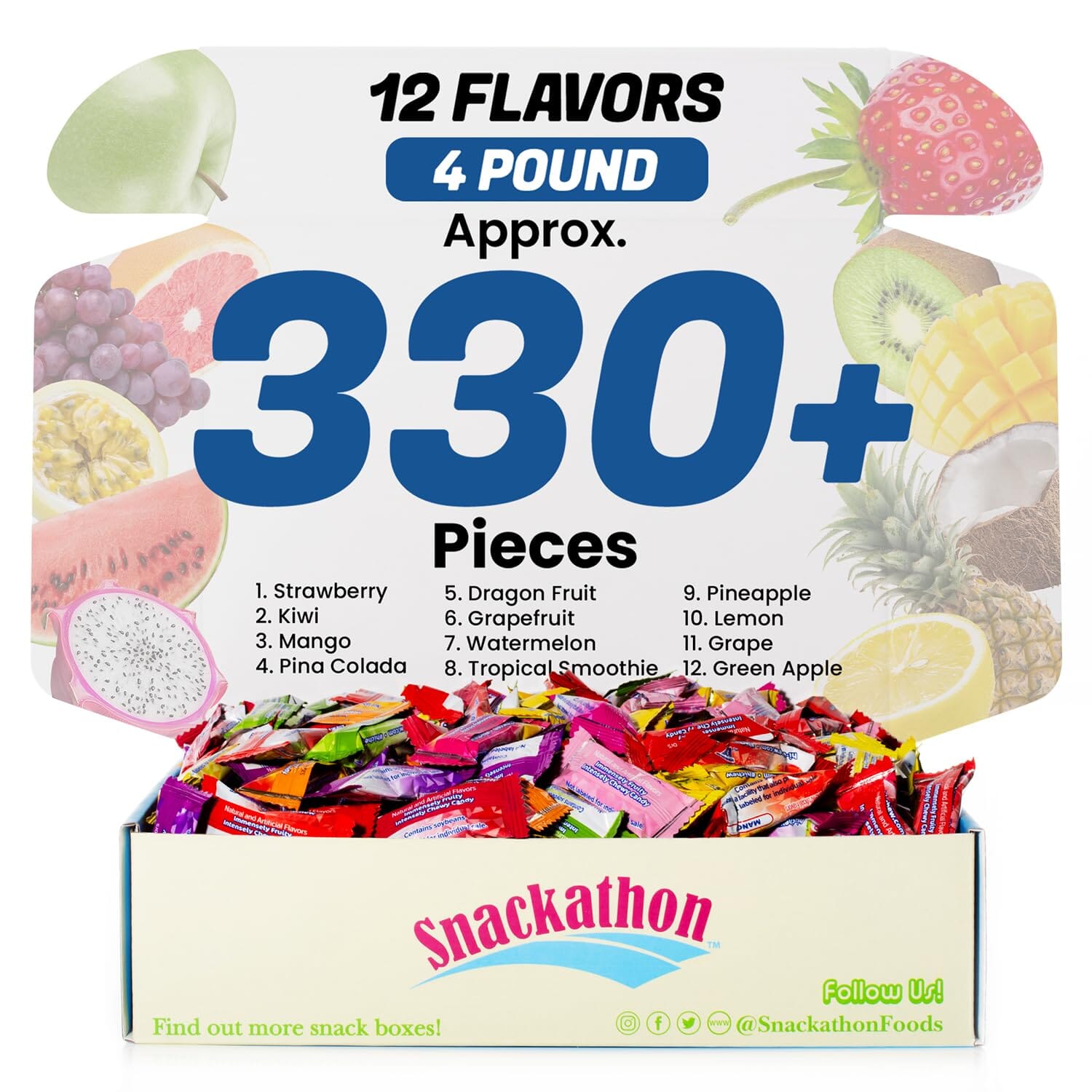 Hi Chew 12 Flavors, Bulk 330+ Pieces, 4 Pound (Strawberry, Mango, Green Apple, Grape, Pineapple, Kiwi, Dragon Fruit, Grapefruit, Lemon, Watermelon, Tropical Smoothie, and Pina Colada) Snackathon