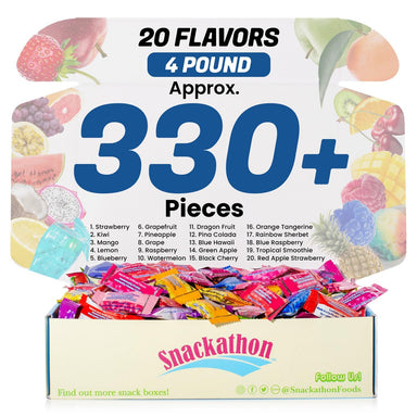 Hi Chew 20 Flavors, Bulk 330+ Pieces, 4 Pound (Strawberry, Mango, Green Apple, Grape, Pineapple, Kiwi, Dragon Fruit, 3 Berries, Orange Tang, Apple Strawberry, Raspberry, Blue Hawaii, Rainbow Sherbet) Snackathon