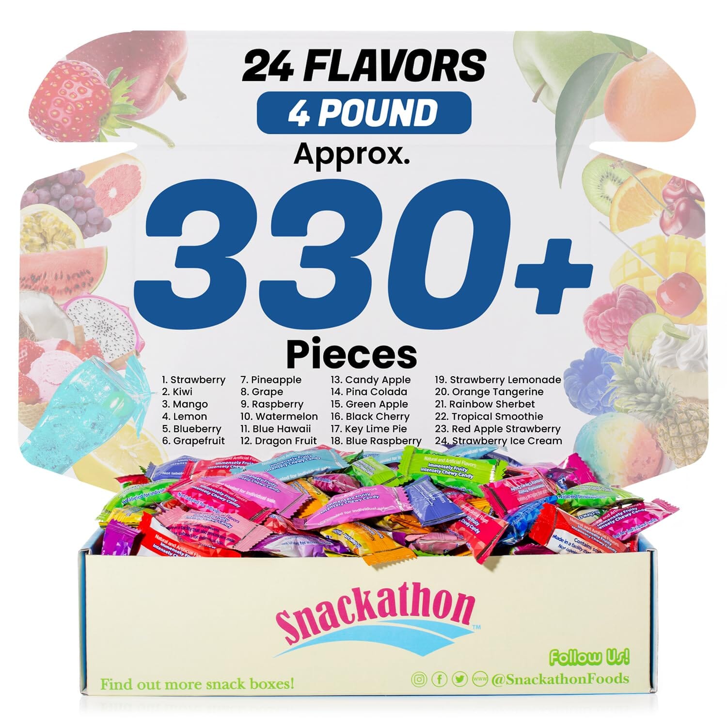 Hi Chew 24 Flavors, Bulk 330+ Pieces, 4 Pound (4 Original, 3 Tropical, 3 Combos, 3 Sweet and Sour, 3 Fantasy, 3 Dessert, 3 Berries, 2 Plusfruit) Snackathon