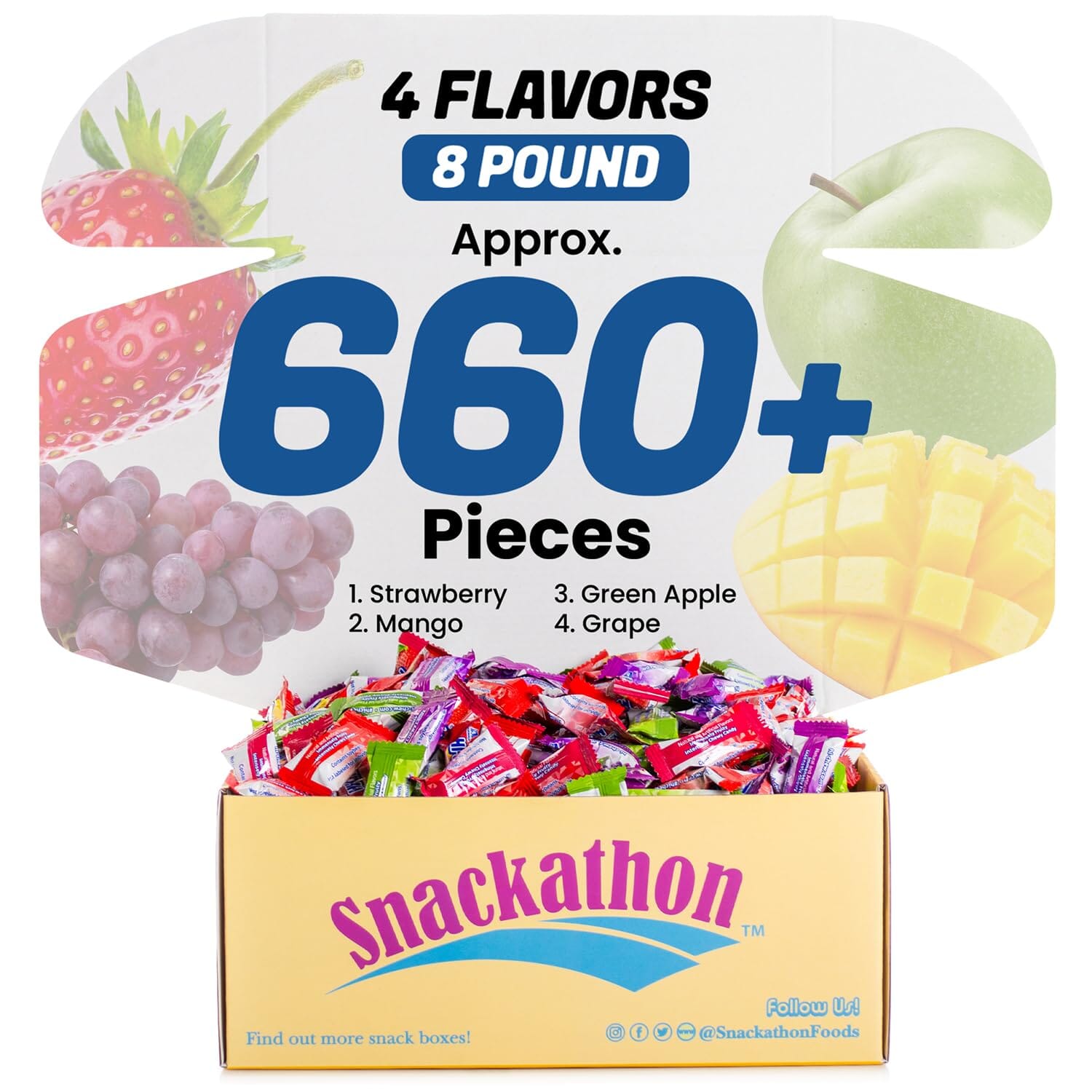 Hi Chew 4 Flavors, Bulk 660+ Pieces, 8 Pound (Hi Chew Fruit Strawberry, Mango, Green Apple, Grape) Snackathon