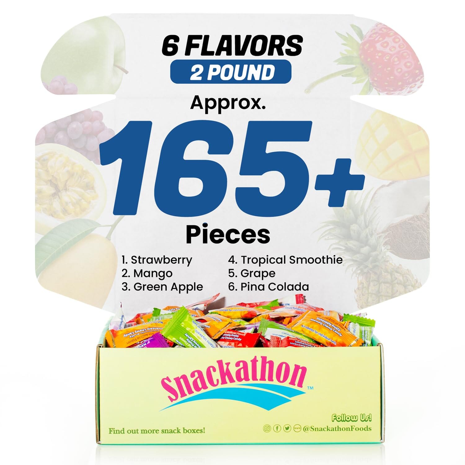 Hi Chew 6 Flavors, Bulk 165+ Pieces, 2 Pound (Hi Chew Fruit Strawberry, Mango, Green Apple, Grape, Tropical Smoothie, Pina Colada) Snackathon