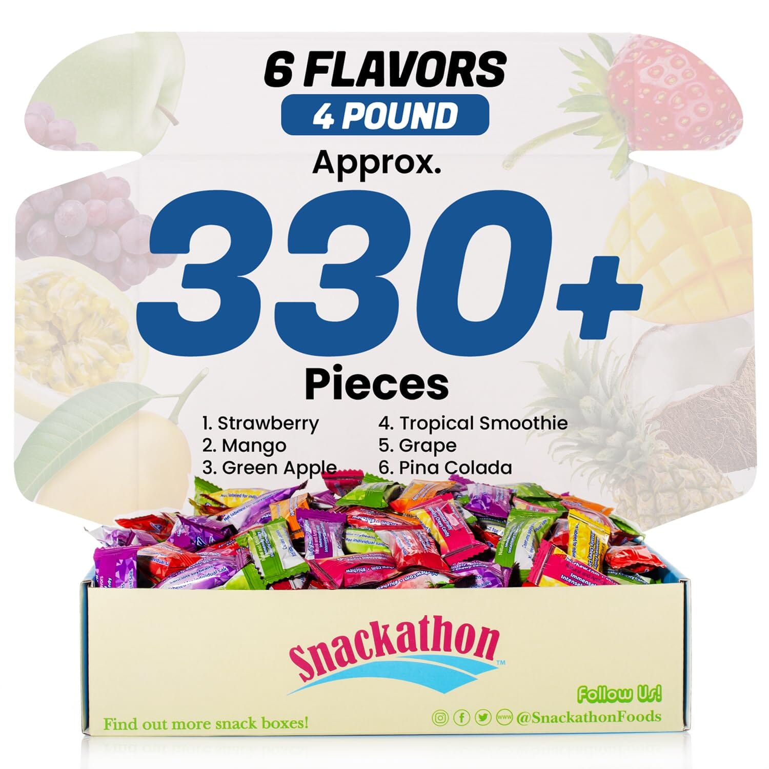 Hi Chew 6 Flavors, Bulk 330+ Pieces, 4 Pound (Hi Chew Fruit Strawberry, Mango, Green Apple, Grape, Tropical Smoothie, Pina Colada) Snackathon