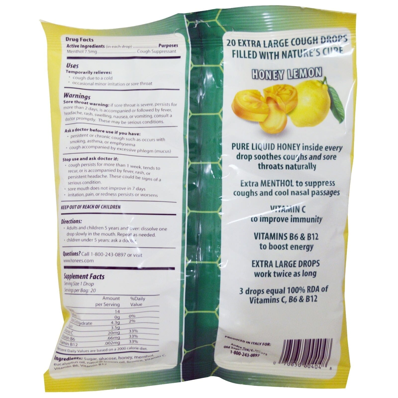 Honees Honey Lemon Cough Drops, 20 Drops Each Pack of 1 Honees