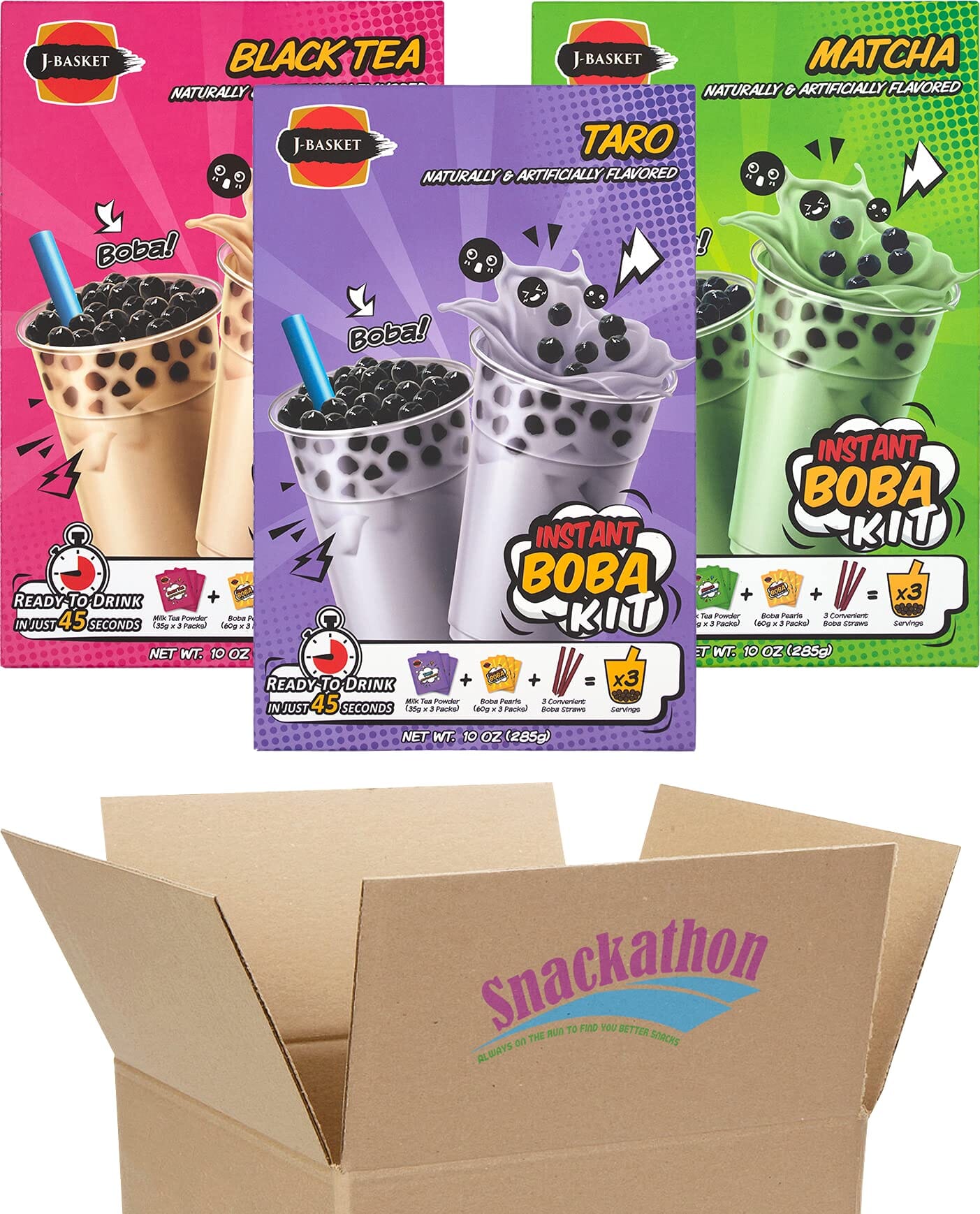 Instant Boba Bubble Pearl Milk Tea Kit with Boba, Straws Included, Variety (Taro, Black Tea, Matcha), 9 Total Servings Snackathon