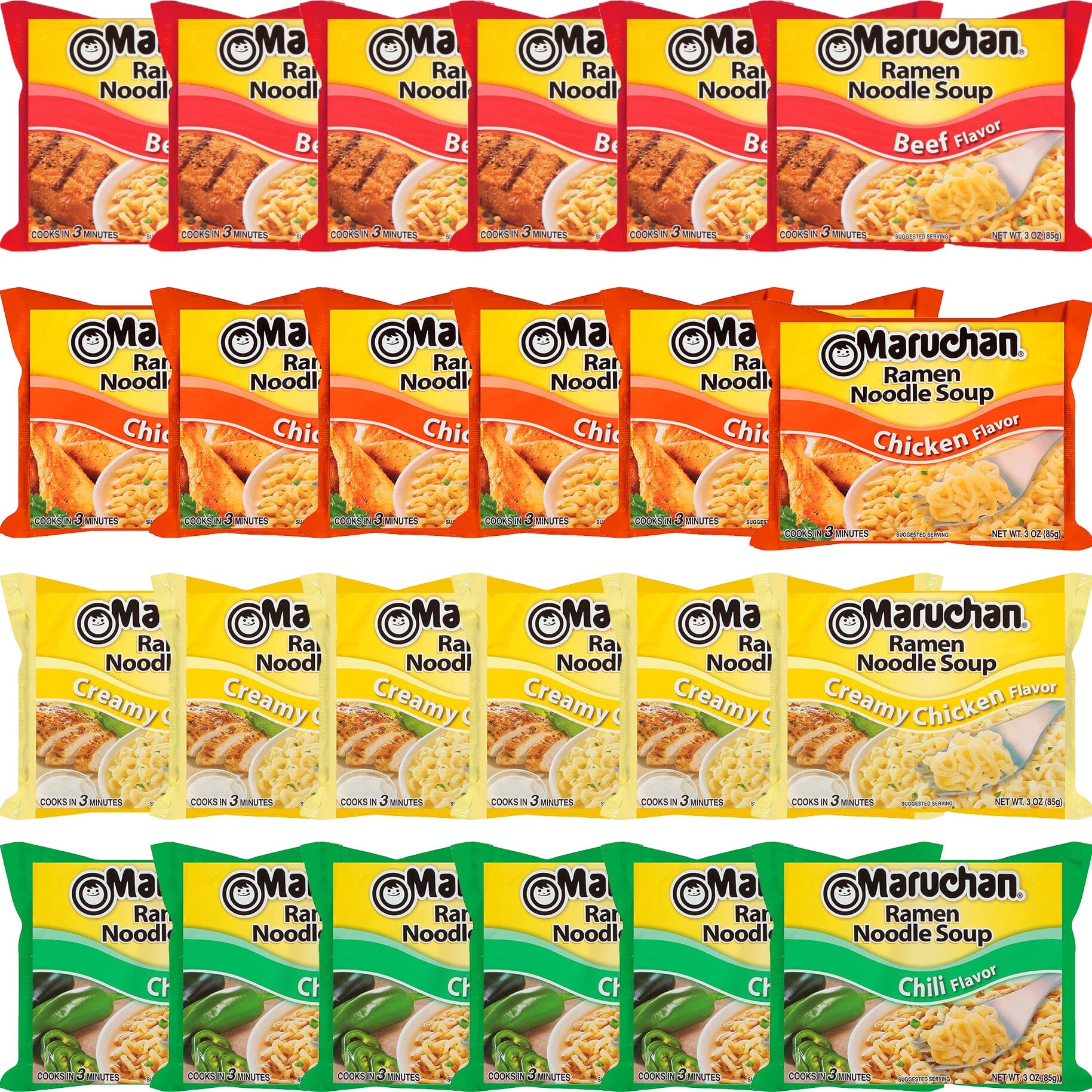 Maruchan Ramen Noodle Soup Variety, 4 Flavors, 3 Ounce, 6 Packages each Flavor, Total 24 Packages (Chicken, Beef, Chili, Creamy Chicken) Snackathon