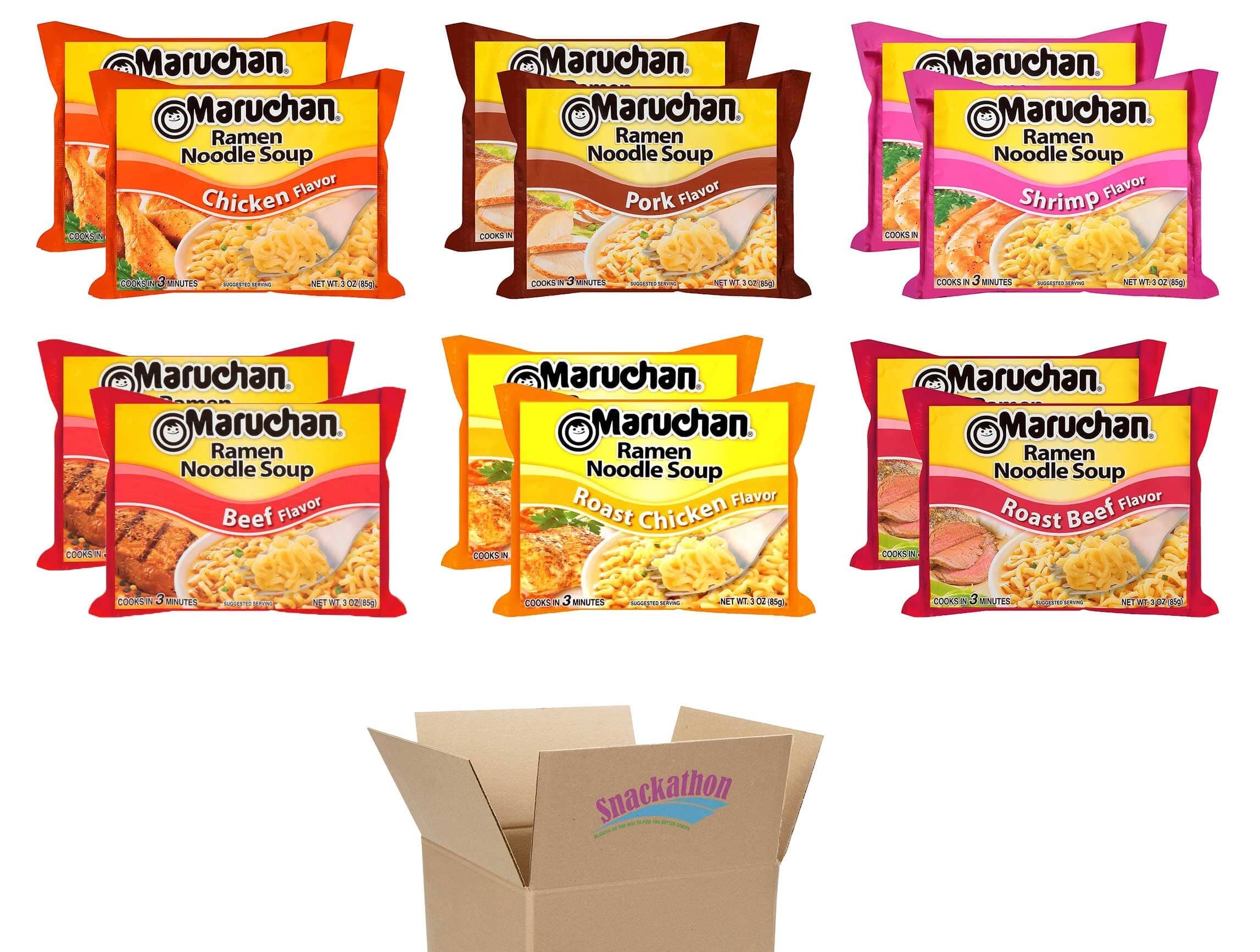 Maruchan Ramen Noodle Soup Variety, 6 Flavors, 3 Ounce, 2 Packages each Flavor, Total 12 Packages (Chicken, Shrimp, Beef, Pork, Roast Chicken, Roast Beef) Snackathon 6 Flavors 3 Ounce (Pack of 12)