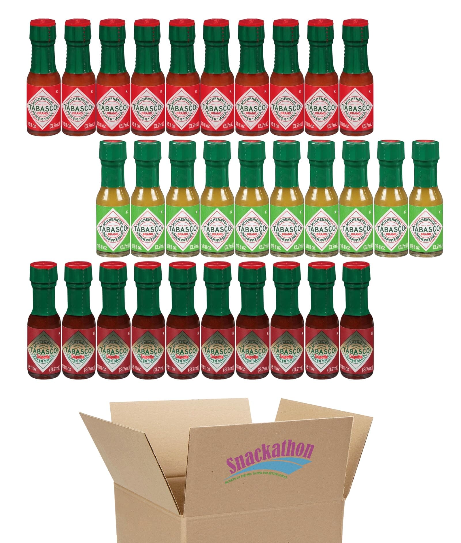 Miniature Hot Sauce Bottles, 1/8 Ounce, Pack of 30 Snackathon Variety Pack of 30