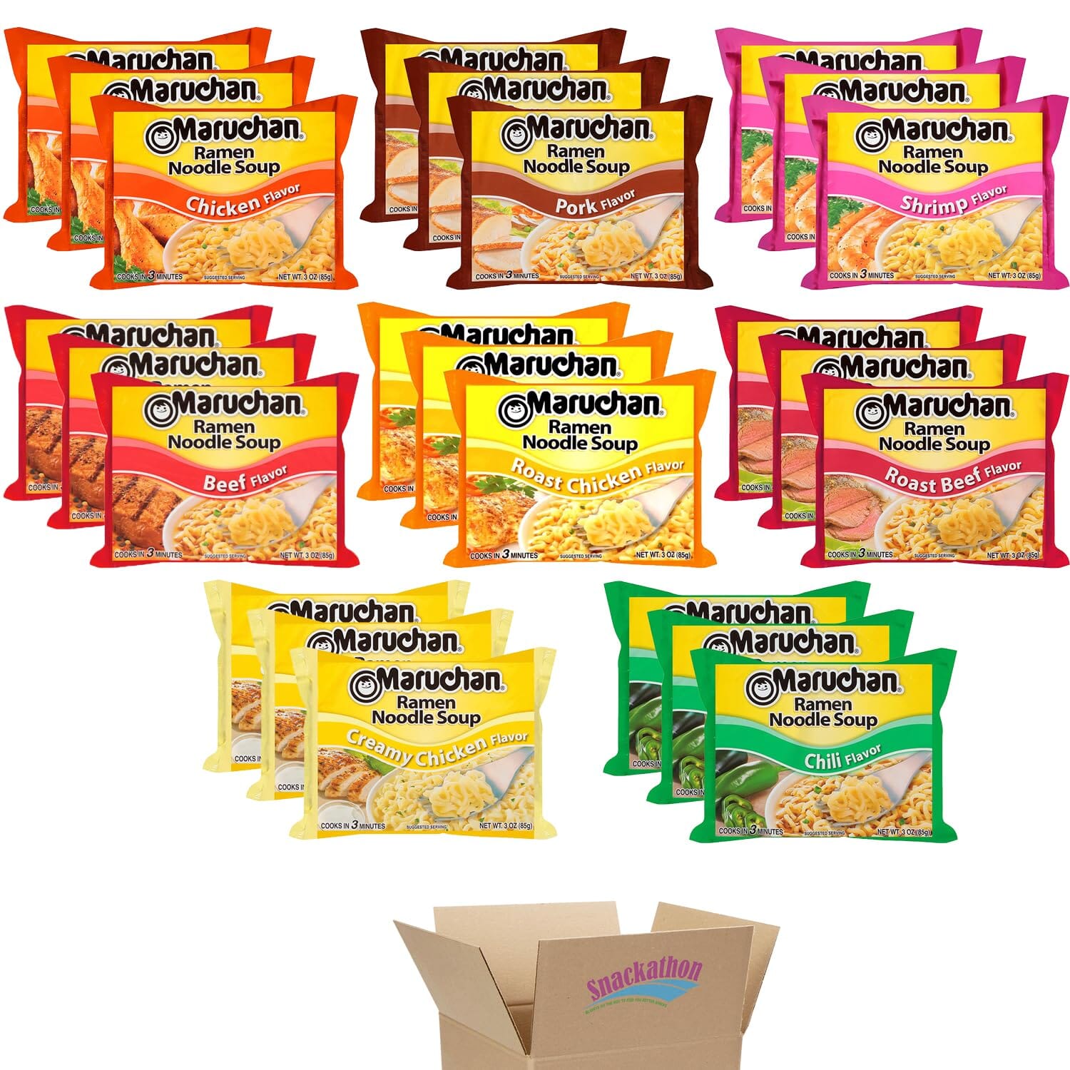 Ramen Noodle Soup Variety, 8 Flavors, 3 Ounce, 3 Packages each Flavor, Total 24 Packages Snackathon
