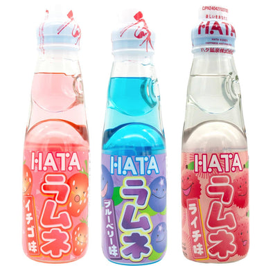 Ramune Japanese Soda, Variety Pack, 3 Fruity Bottles: Blueberry, Strawberry, Lychee, 1 Each, 6.76 Fluid Ounce Snackathon