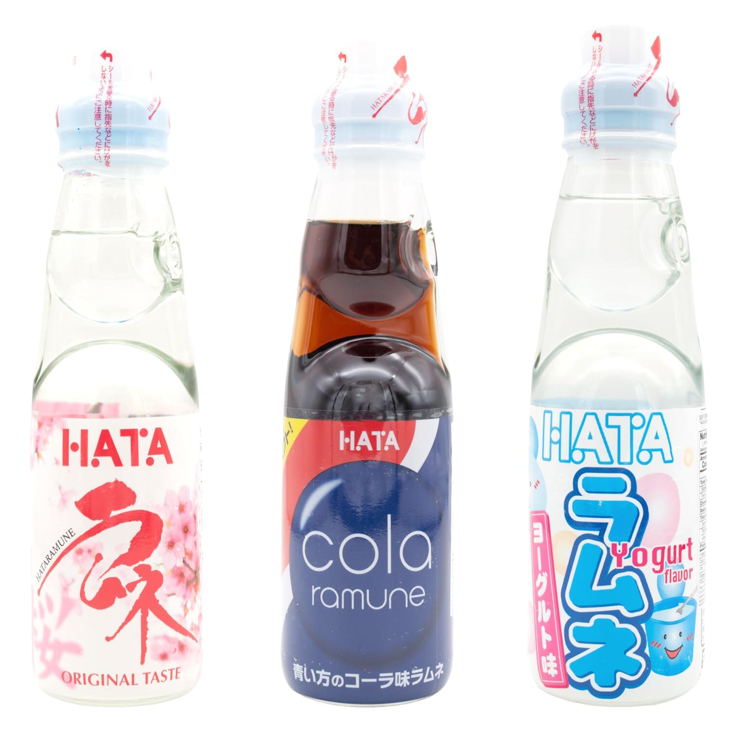 Ramune Japanese Soda, Variety Pack, 3 Limited Bottles: Yogurt, Sakura, Cola, 1 Each, 6.76 Fluid Ounce Snackathon