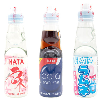 Ramune Japanese Soda, Variety Pack, 3 Limited Bottles: Yogurt, Sakura, Cola, 1 Each, 6.76 Fluid Ounce Snackathon