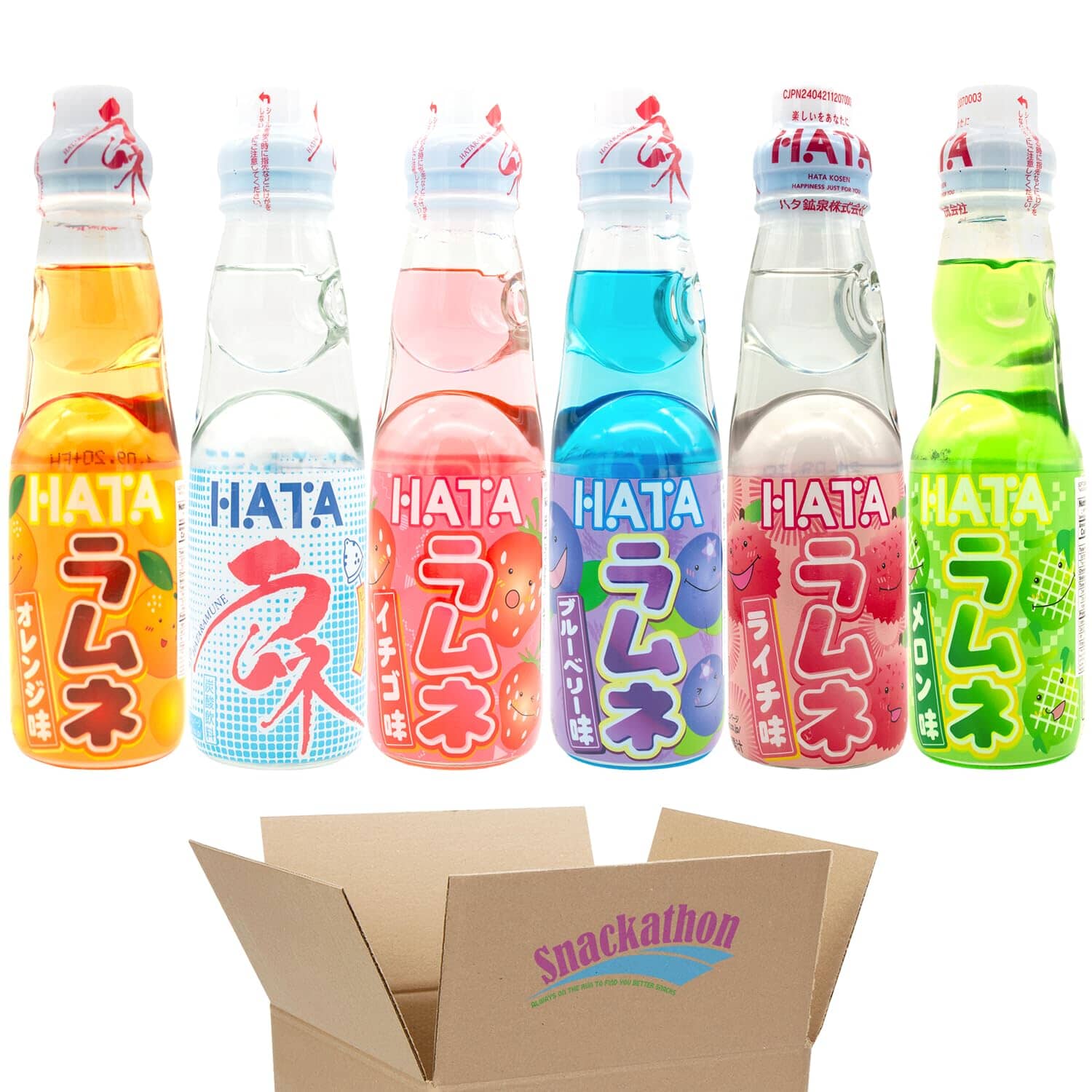 Ramune Japanese Soda, Variety Pack, 6 Marble Soda: Blueberry, Lychee, Original, Strawberry, Orange, Melon, 1 Each, 6.76 Fluid Ounce Snackathon