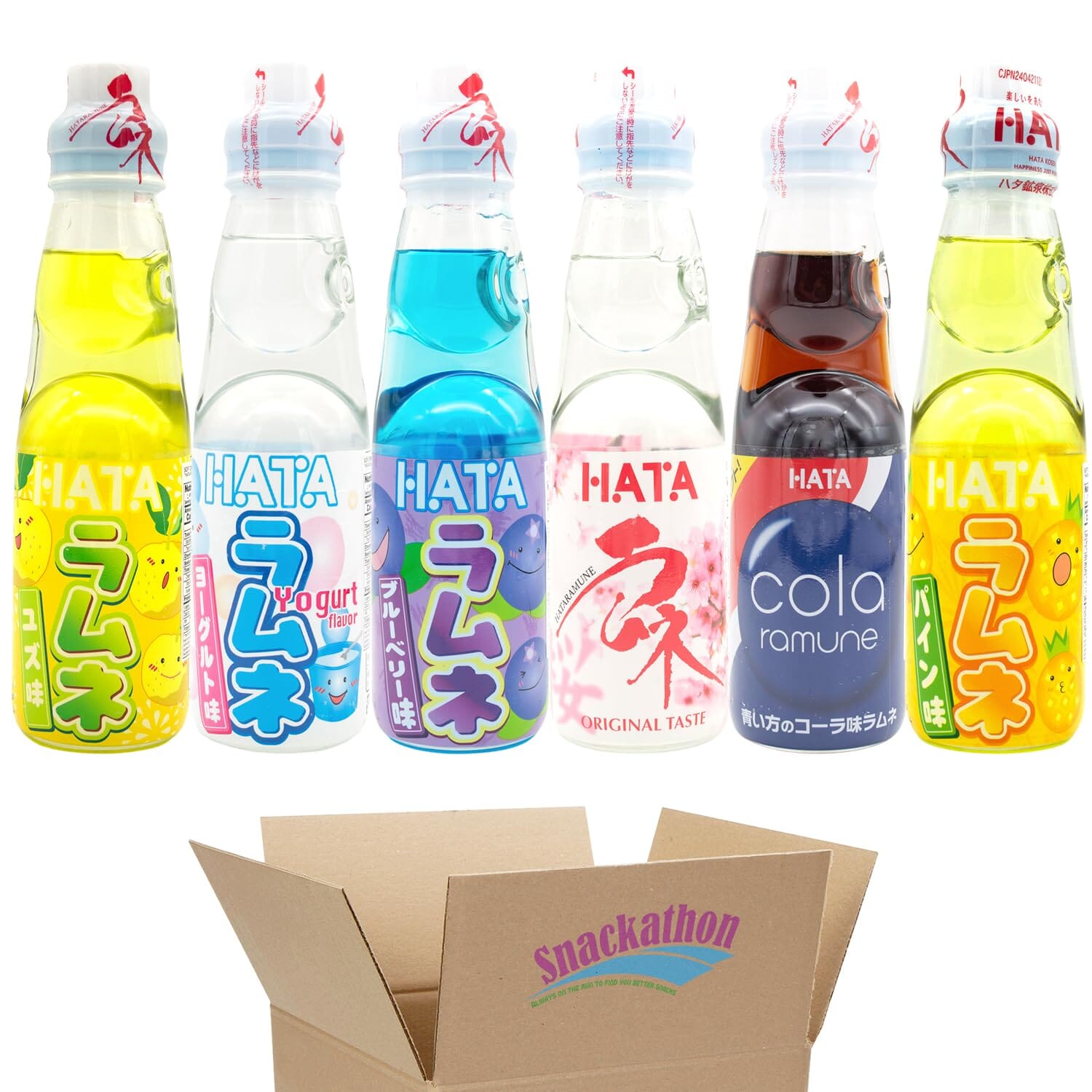 Ramune Japanese Soda, Variety Pack, 6 Marble Soda: Pineapple, Yuzu, Cola, Sakura, Blueberry, Yogurt, 1 Each, 6.76 Fluid Ounce Snackathon
