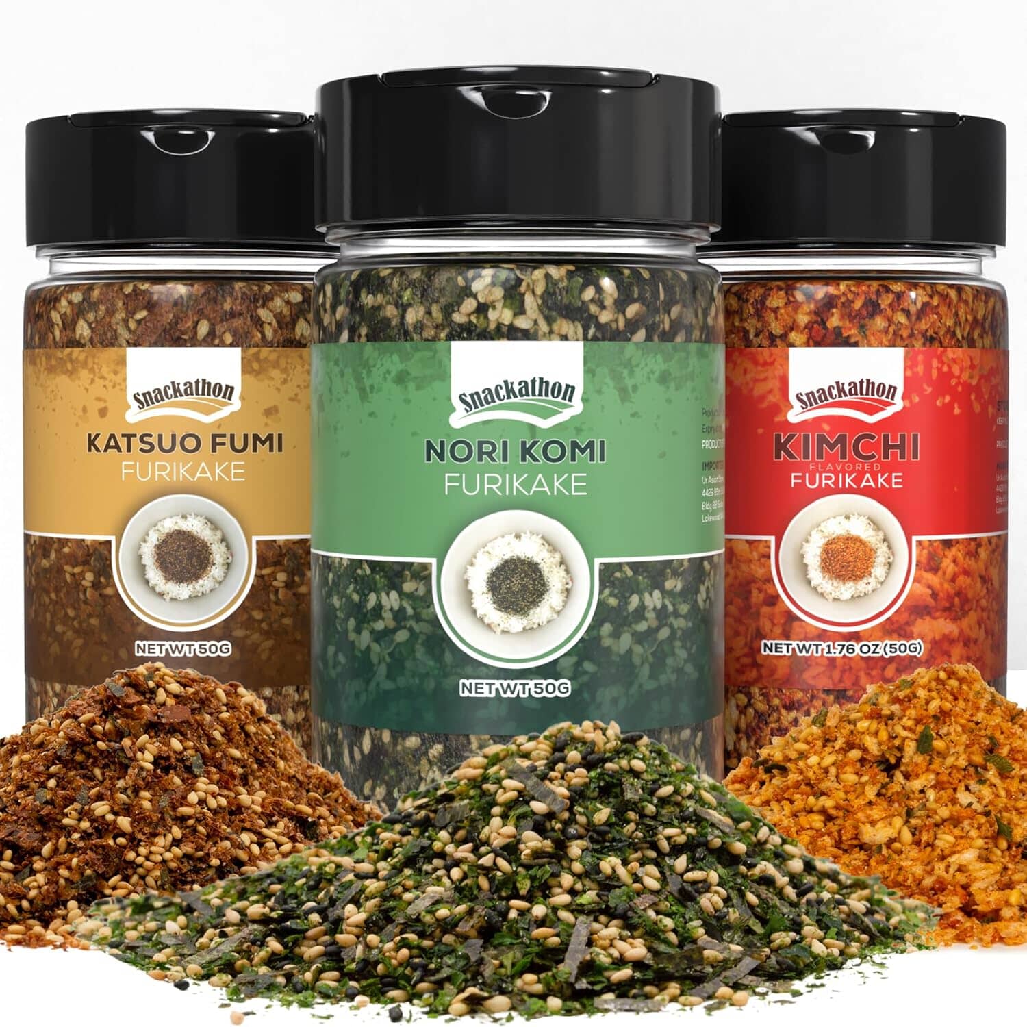 Snackathon Furikake Rice Seasoning, 3-Flavor Bundle (Nori Komi, Katsuo Fumi, Kimchi Flavored) Snackathon