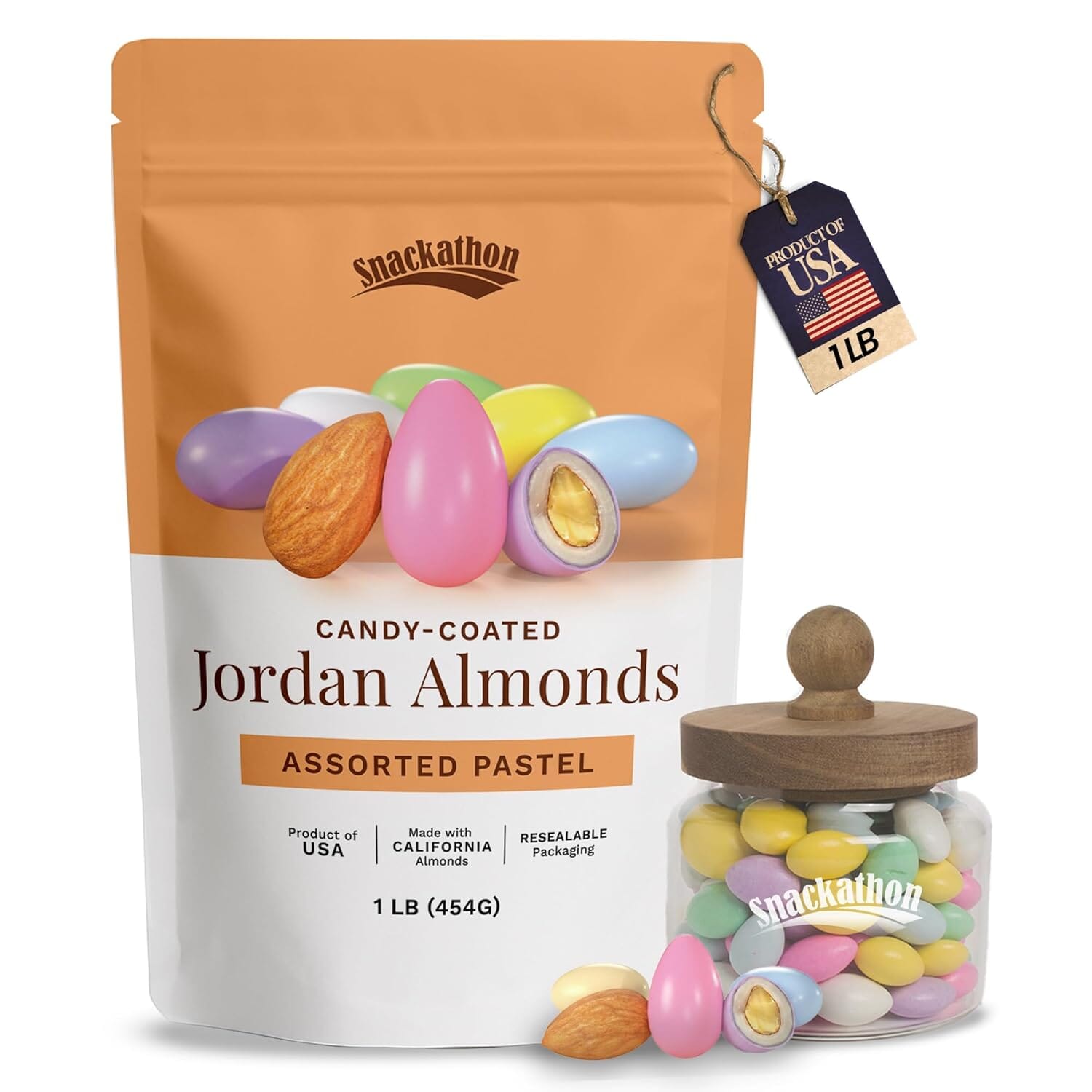 Snackathon Jordan Almonds, Assorted Pastel Candy-Coated Almonds, 1 LB Resealable Bag Snackathon