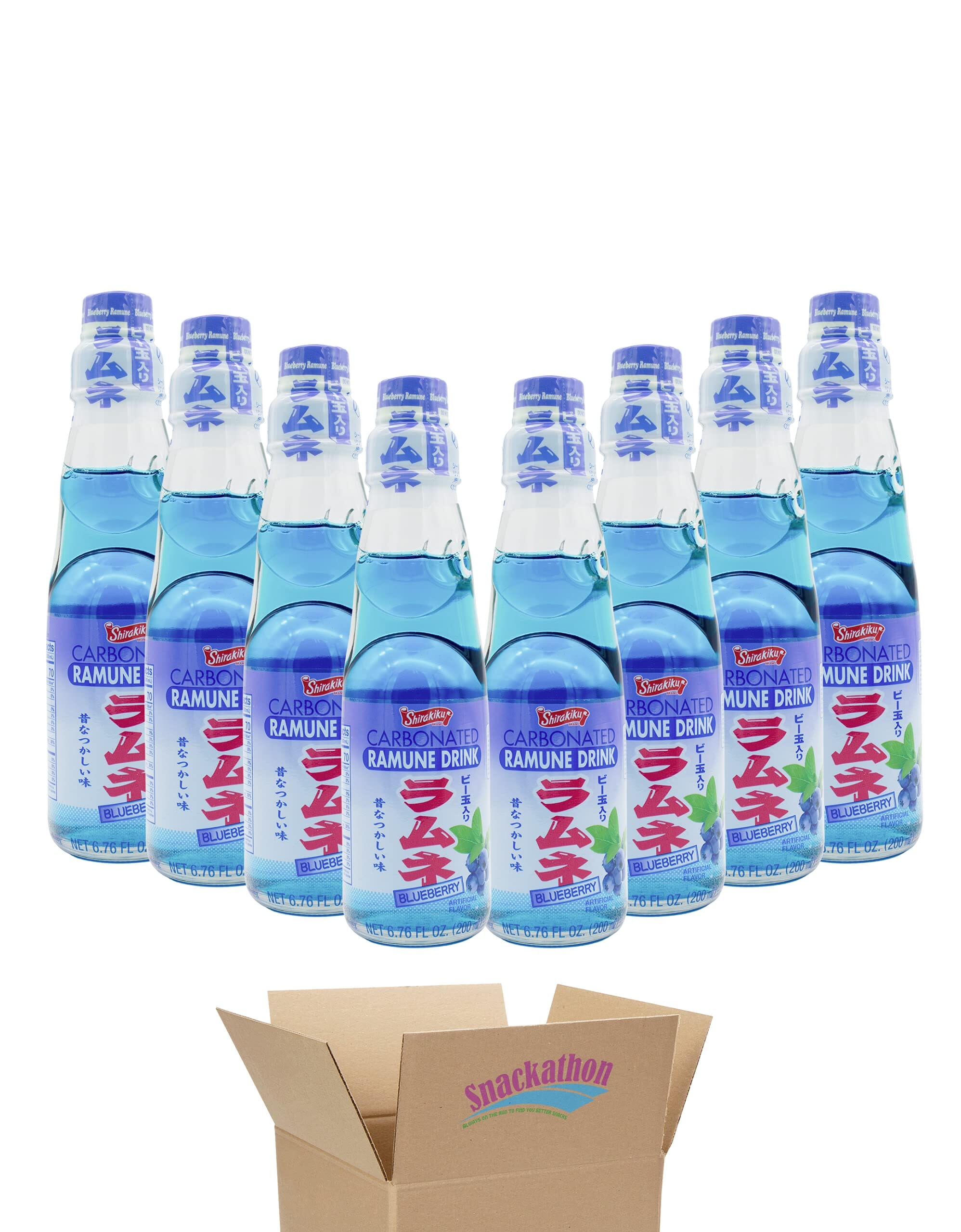 Snackathon Ramune Japanese Soda, Blueberry, 6.76 Fluid Ounce, Pack of 8, Glass Bottle Snackathon