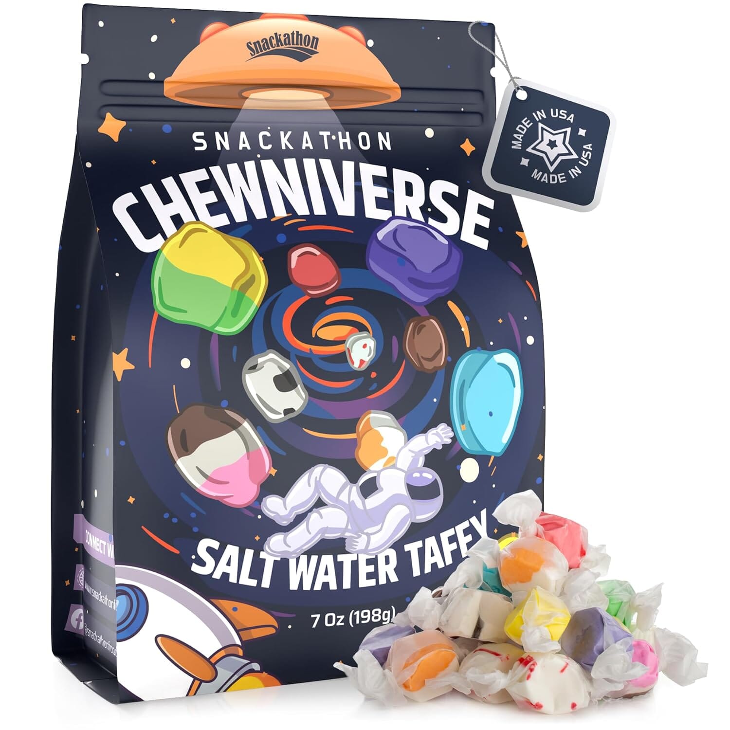Snackathon Salt Water Taffy Assorted Mix β Chewniverse Edition, 10 Flavor Variety, Individually Wrapped Soft & Chewy Gourmet Candy, Unique 7 oz Themed Bag for Gifting Snackathon