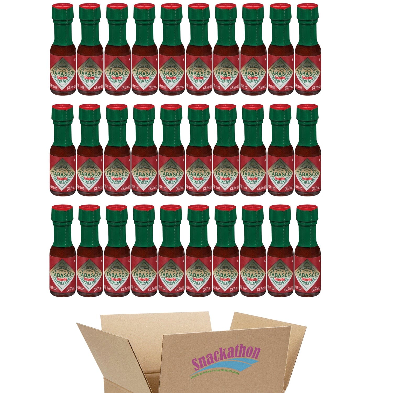 Tabasco Miniature Chipotle Pepper Hot Sauce Bottles, 1/8 Ounce each, Pack of 30 Snackathon