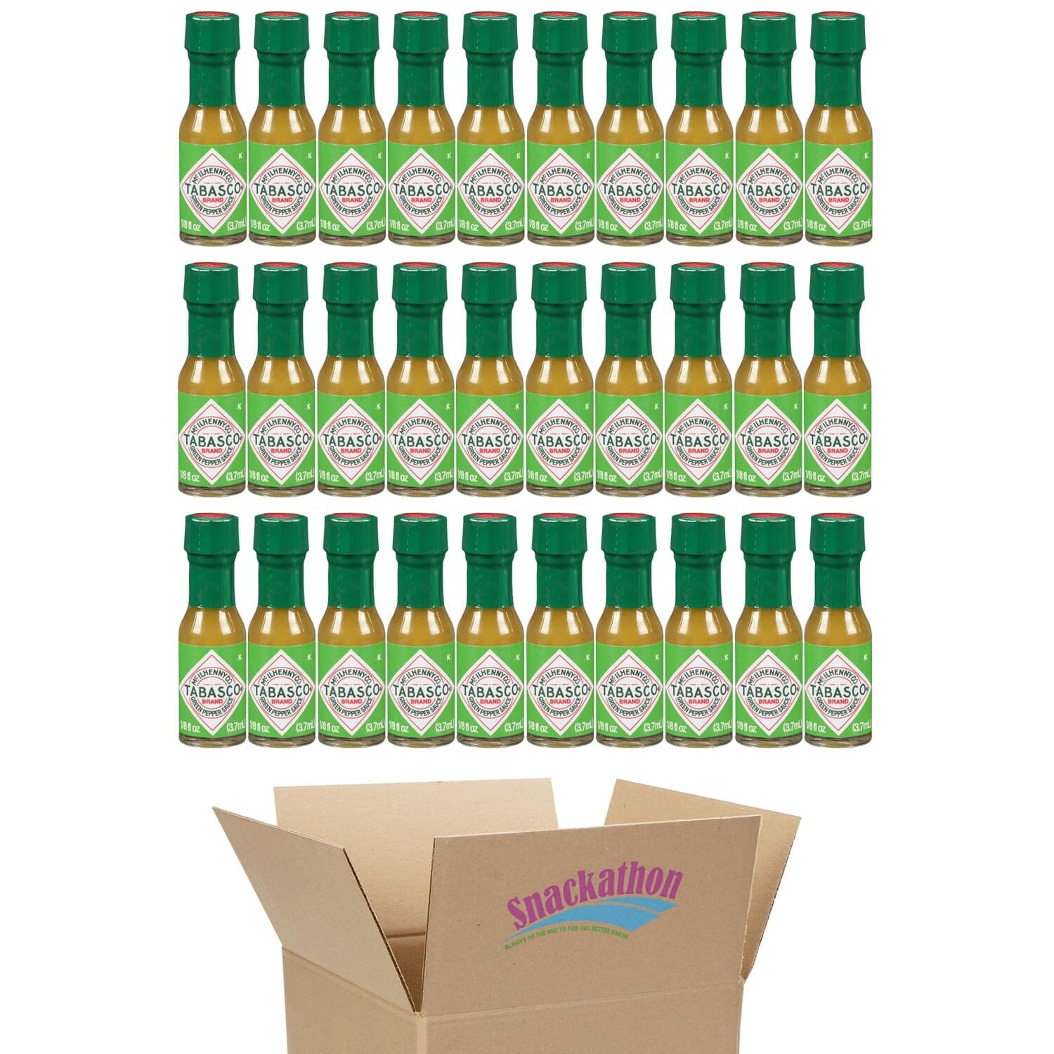 Tabasco Miniature Green Pepper Hot Sauce Bottles, 1/8 Ounce each, Pack of 30 Snackathon