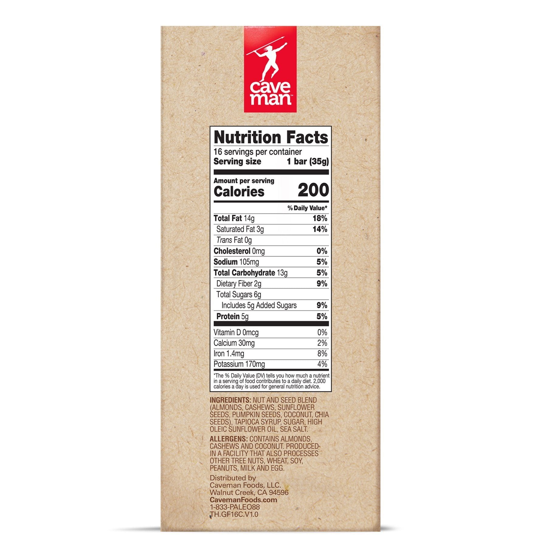Caveman Foods Grain Free Granola Bar Caveman Foods Coconut Cashew 1.23 Oz-16 Count