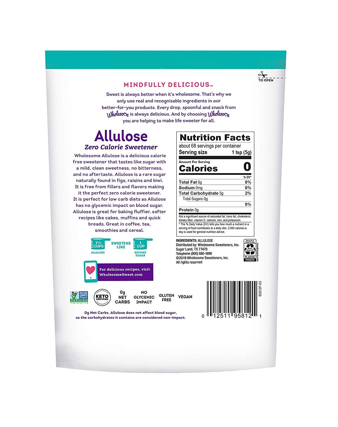 Wholesome Allulose Zero Calorie Sweetener, No Glycemic Impact Snackathon Foods