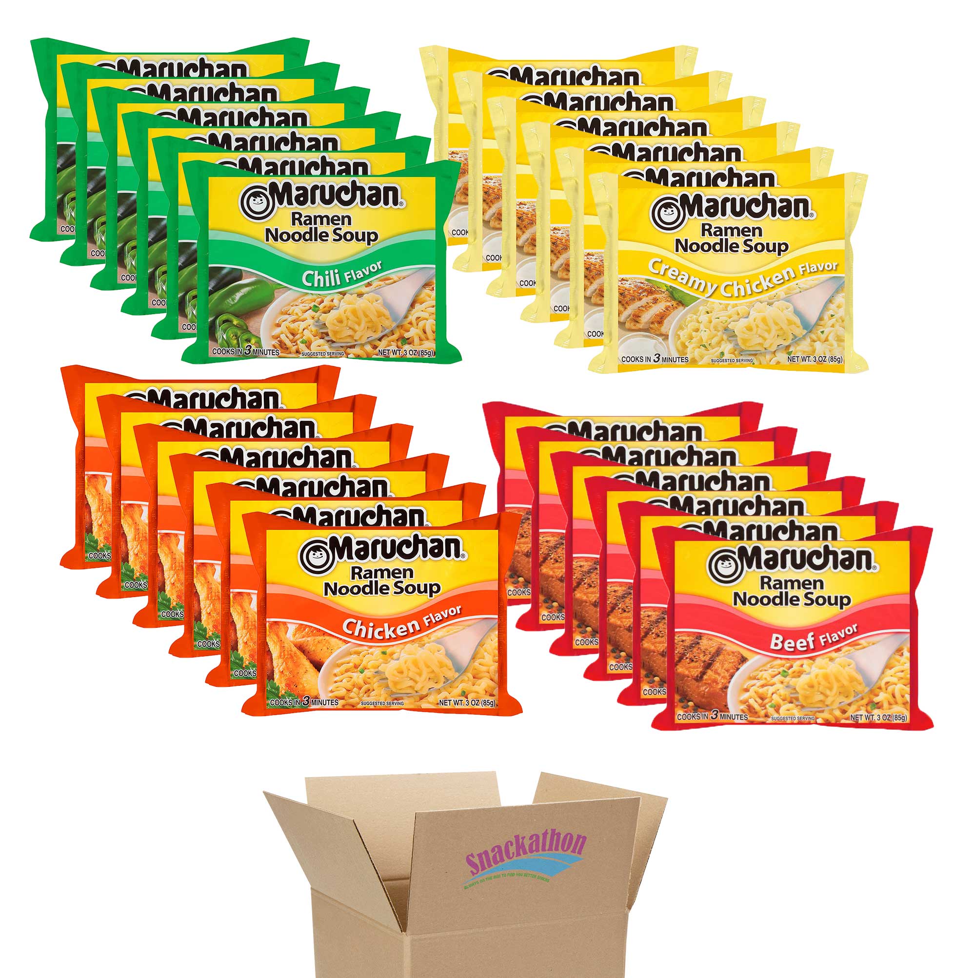 Maruchan Ramen Noodle Soup Variety, 4 Flavors, 3 Ounce, 6 Packages each Flavor, Total 24 Packages (Chicken, Beef, Chili, Creamy Chicken)