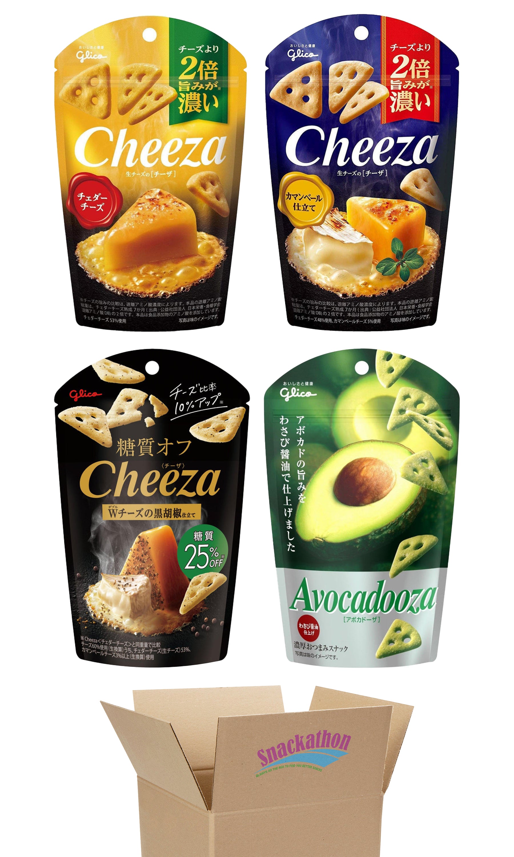 Glico Cheeza Japanese Cheese Crackers Variety Pack, 4 Flavors (Cheddar, Camembert, Black Pepper, Avocadooza), 1.27 Ounce Each, Pack of 4