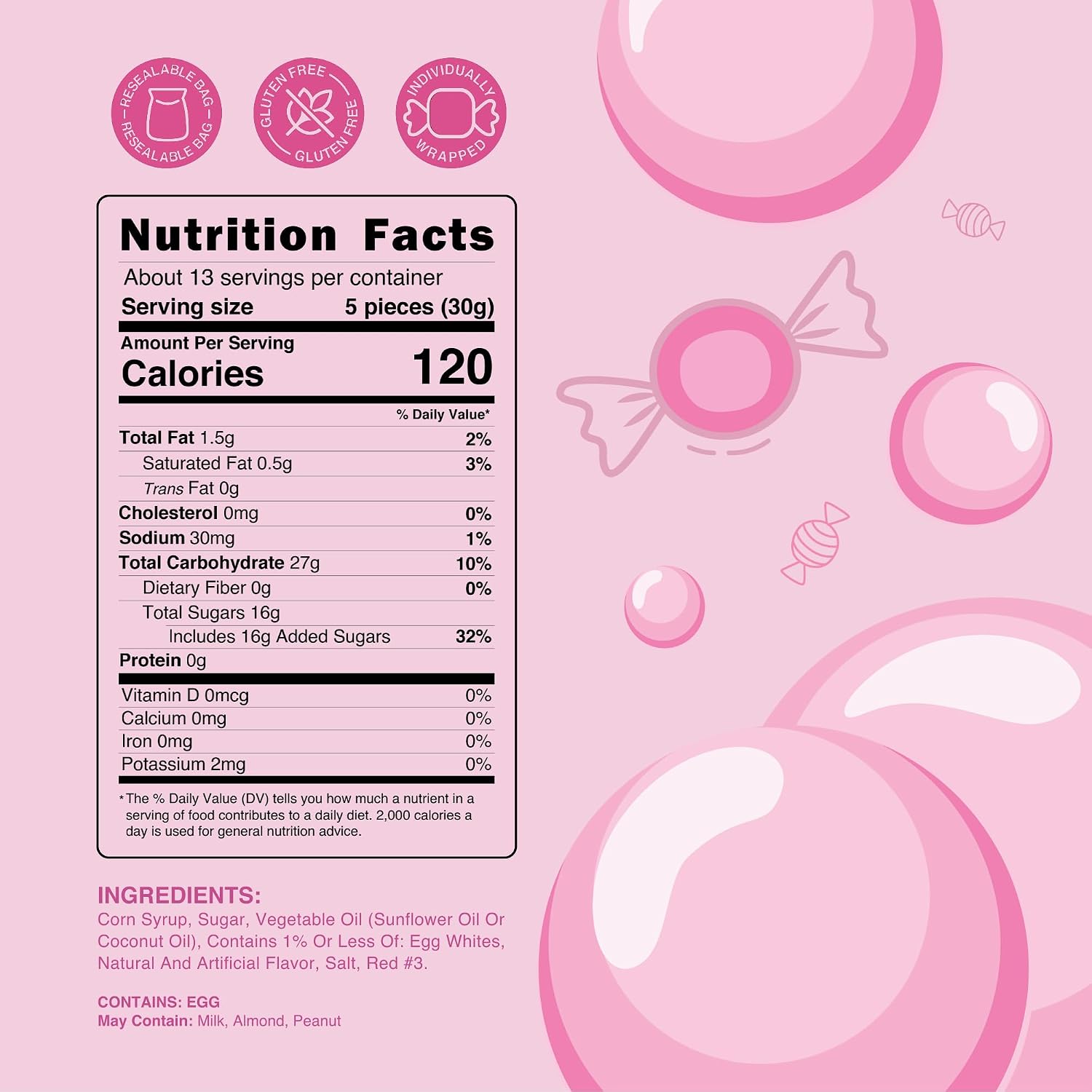 Snackathon Salt Water Taffy Single Flavor, Bubble Gum, 15 Ounce