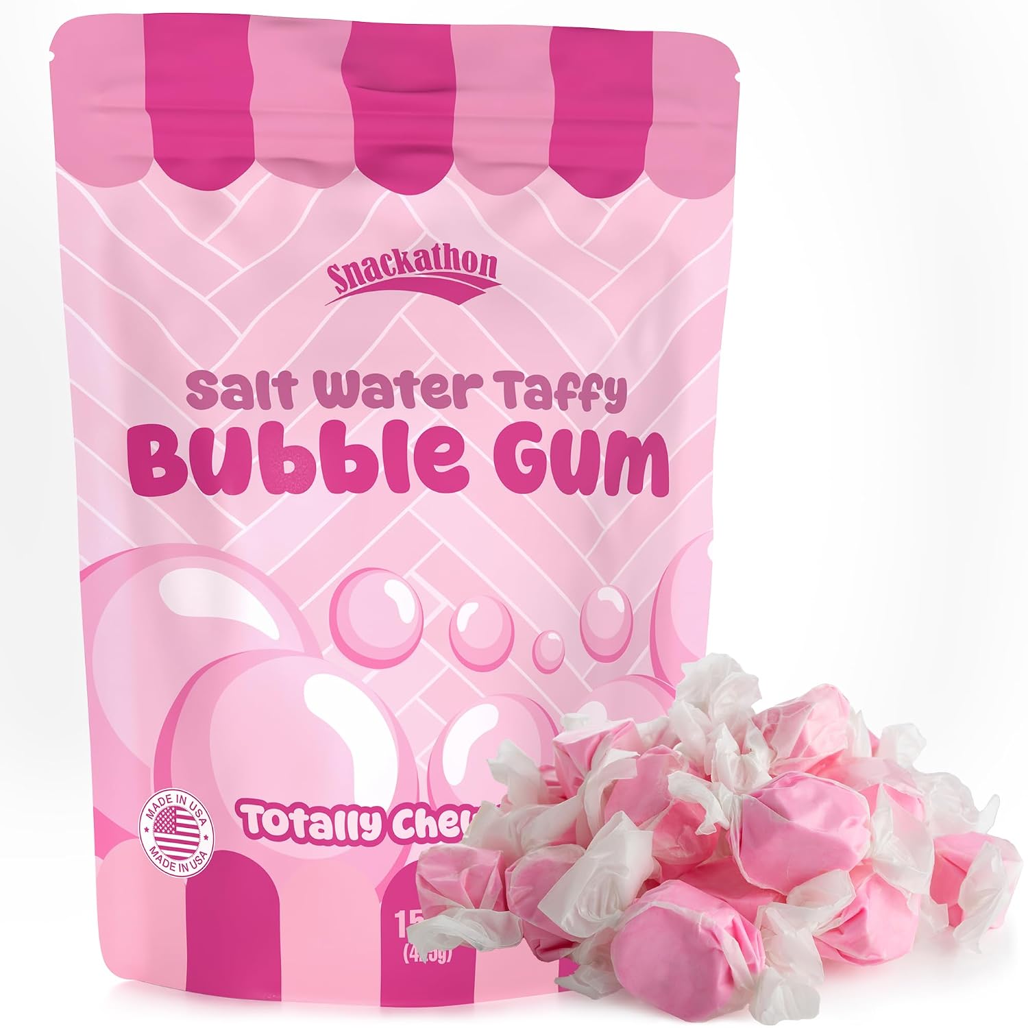 Snackathon Salt Water Taffy Single Flavor, Bubble Gum, 15 Ounce