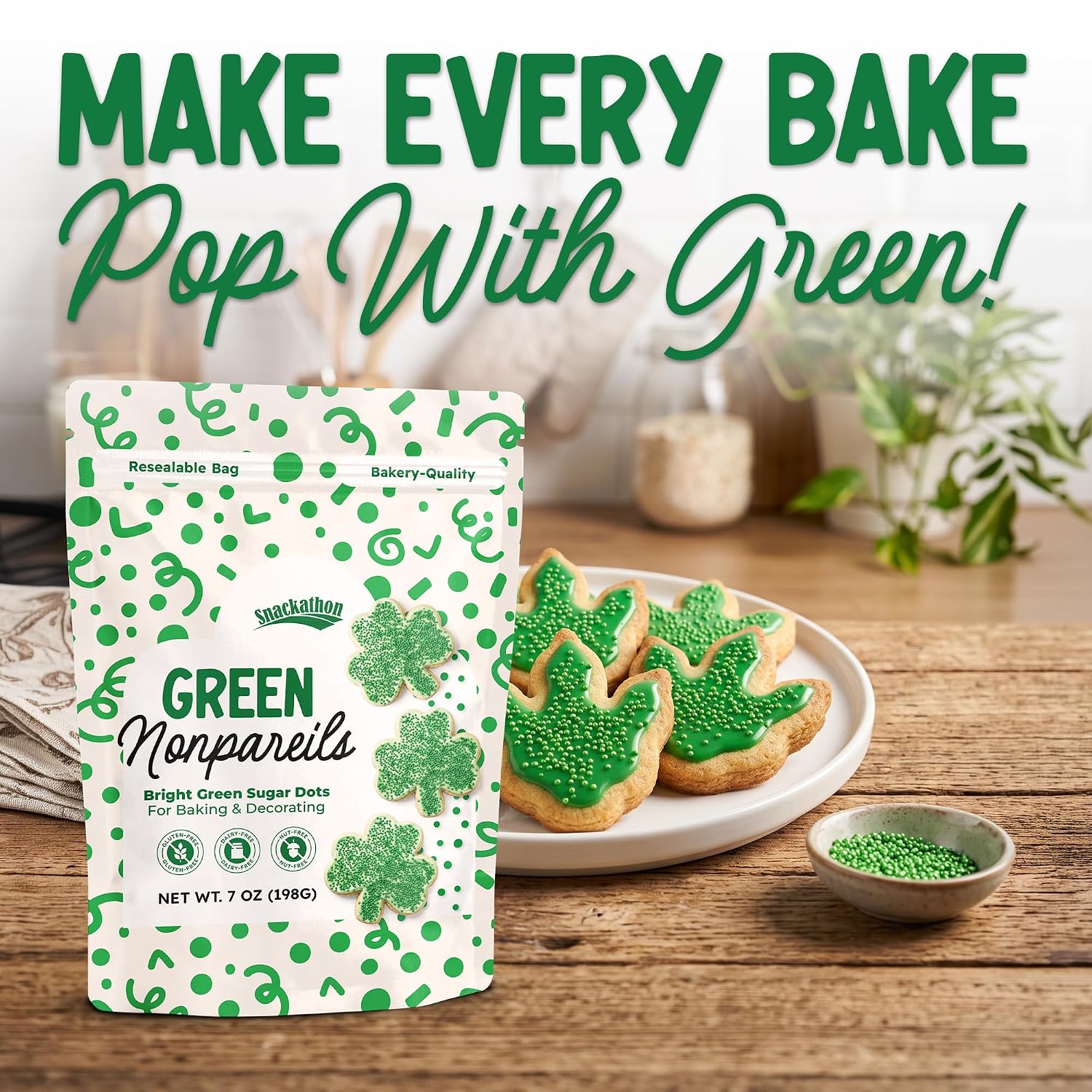 Snackathon Green Nonpareils Sprinkles, 7 oz, Festive Sugar Dot Sprinkles