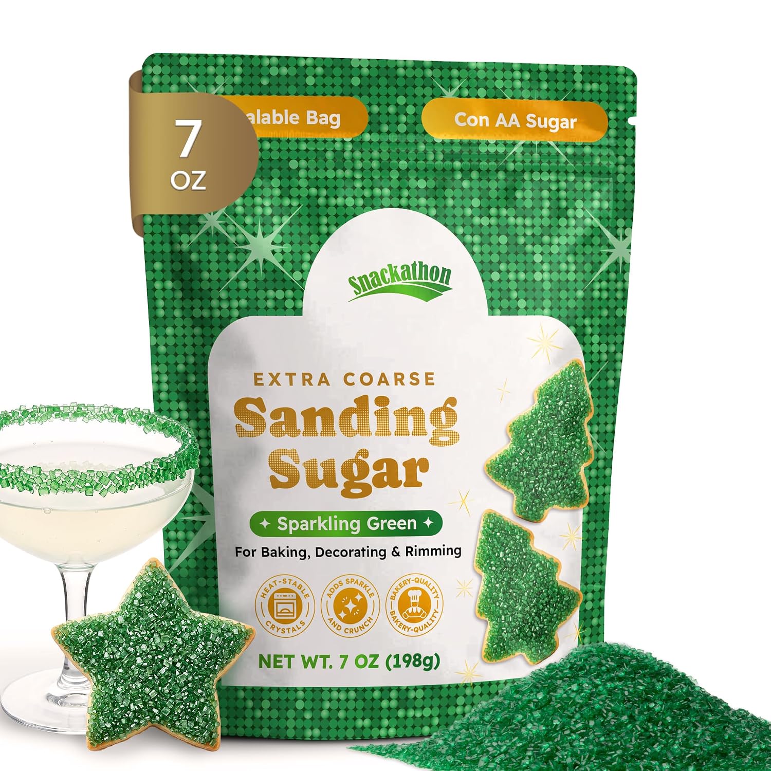 Snackathon Green Sanding Sugar, 7 oz, Extra Coarse for Baking & Decorating Green Shimmering Crystals