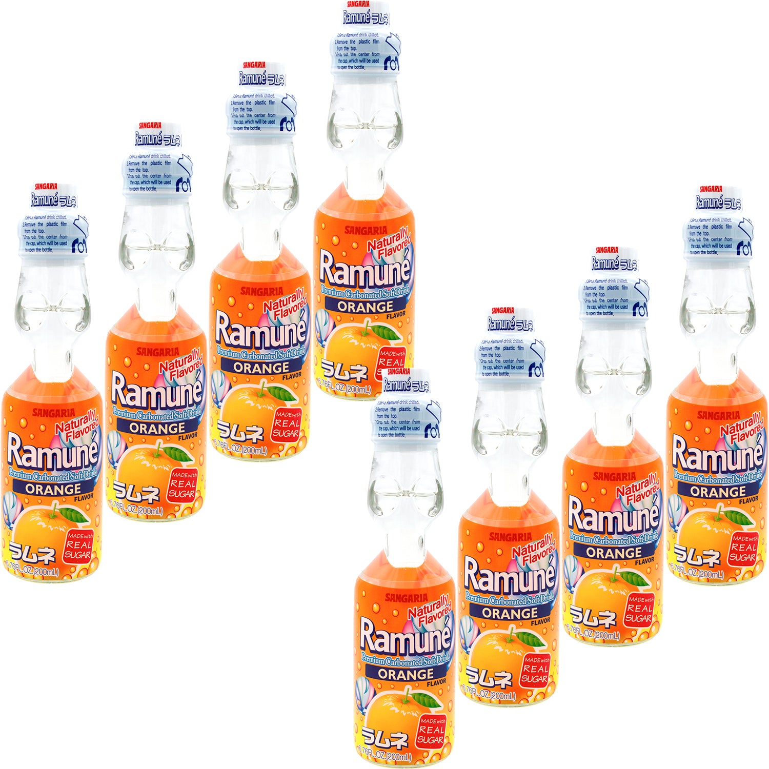 Sangaria Ramune Japanese Soda, Orange, 6.76 Fluid Ounce, Pack of 8