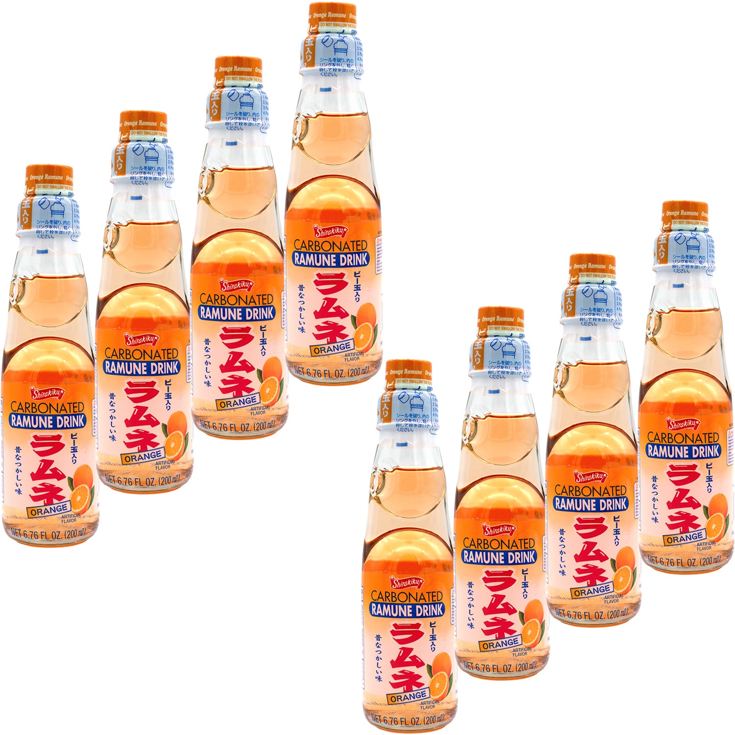 Shirakiku Ramune Japanese Soda, Orange, 6.76 Fluid Ounce, Pack of 8