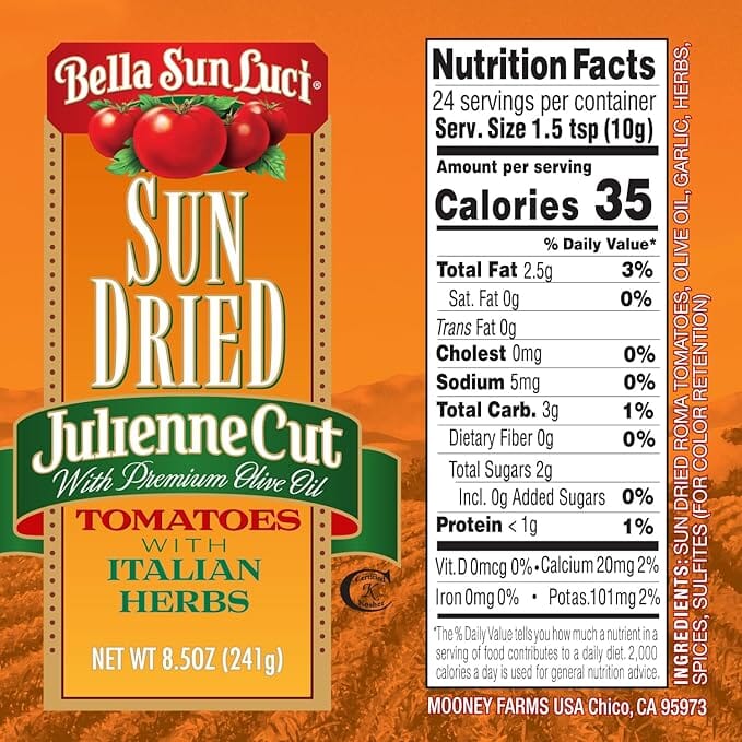 Bella Sun Luci Sun-Dried Tomatoes in Olive Oil, Julienne Cut, 8.5 oz / 16 oz / 35 oz Bella Sun Luci 