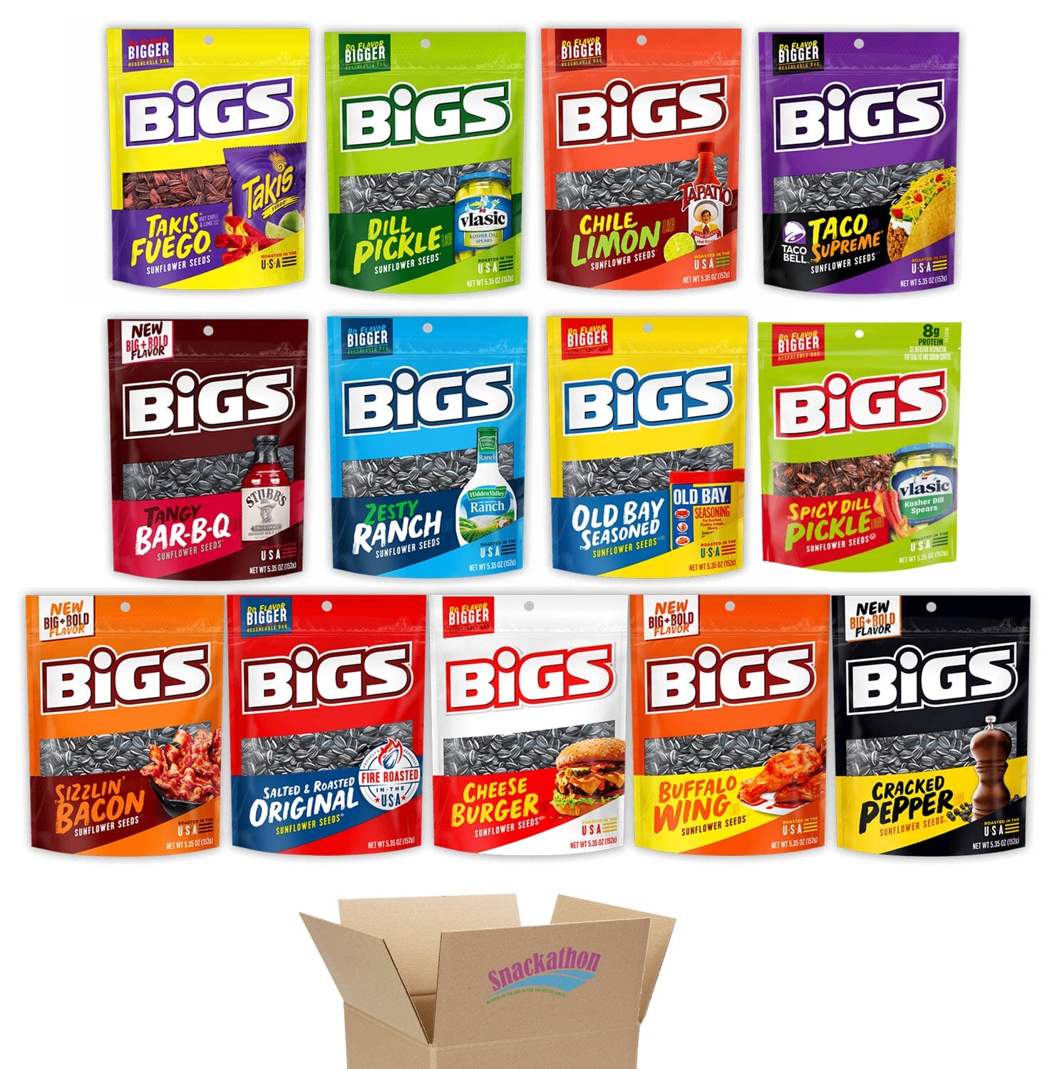 BIGS Sunflower Seeds Variety Pack, 13 Flavors, 5.35 Ounce Each, 1 Bag per Flavor Snackathon 13 Flavors 5.35 Ounce Each 