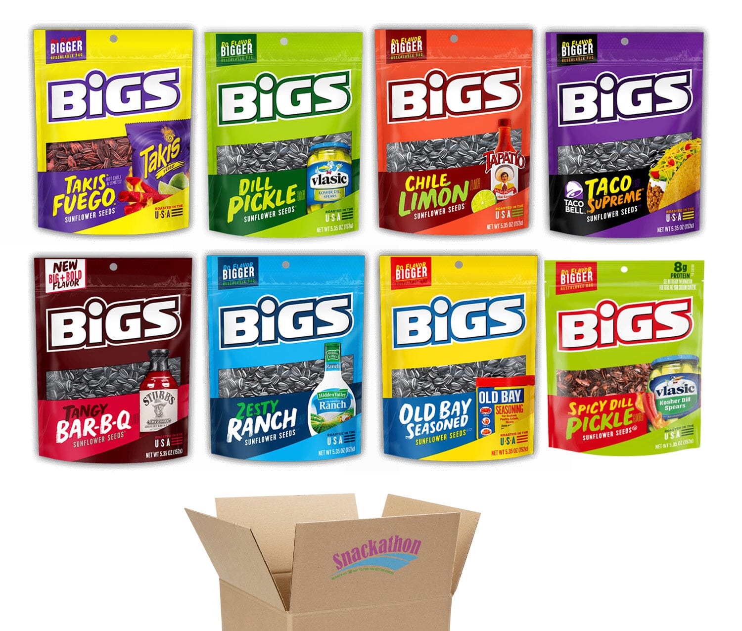 BIGS Sunflower Seeds Variety Pack, 8 Flavors, 5.35 Ounce Each, 1 Bag per Flavor Snackathon 8 Flavors 5.35 Ounce Each 