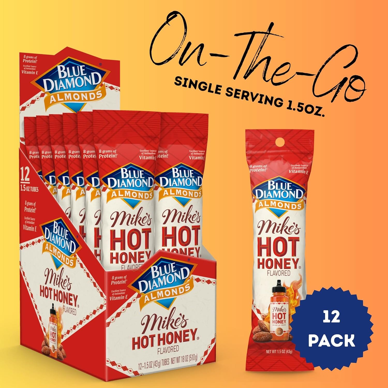 Blue Diamond Almonds, Made with Mike’s Hot Honey Infused with Chilies for a Perfect Sweet and Spicy Snack Nut Combination, Pack of 12, 1.5oz. Servings Blue Diamond Almonds 