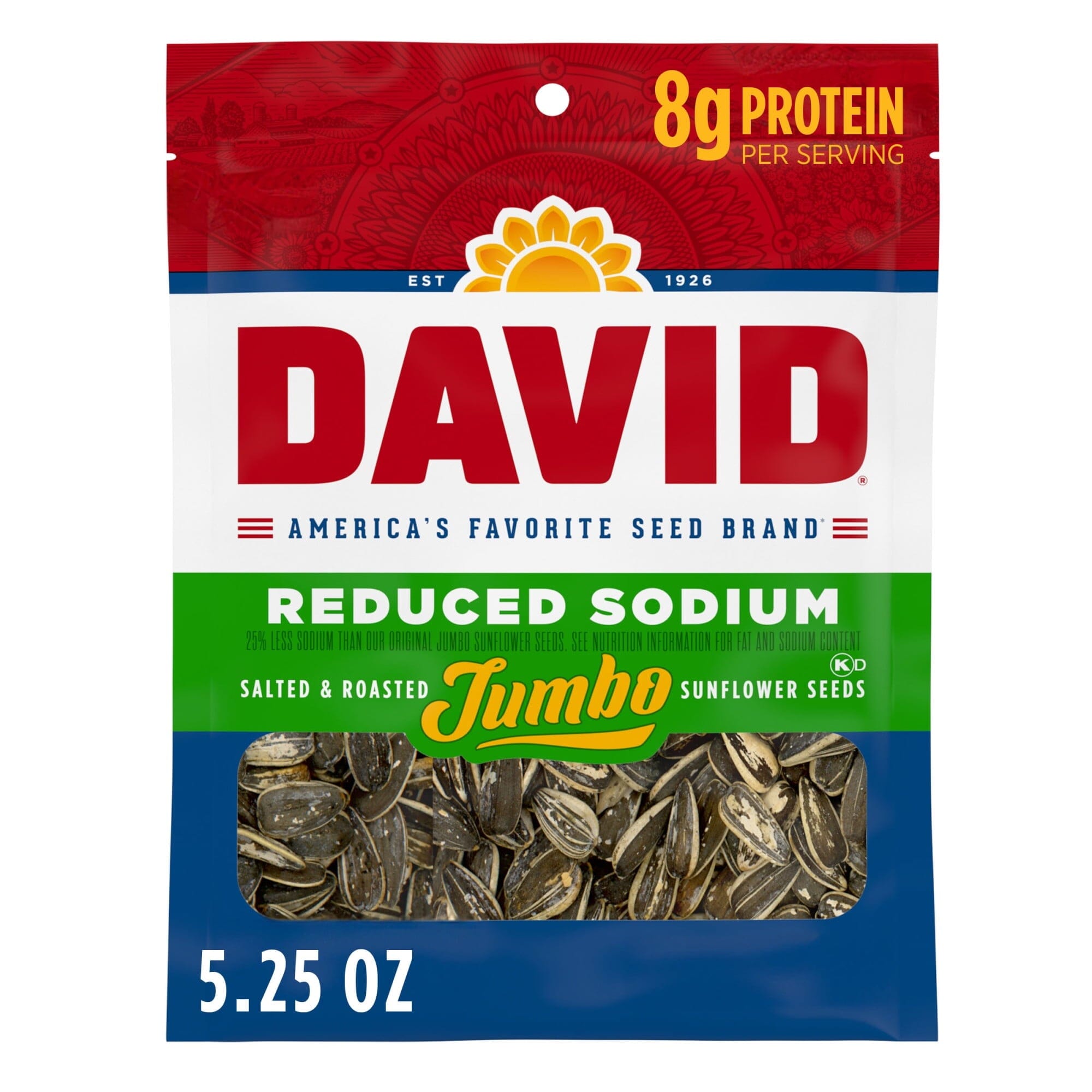 DAVID Seeds Reduced Sodium Salted and Roasted Jumbo Sunflower Seeds, Keto Friendly Snack, 5.25 Ounce DAVID 