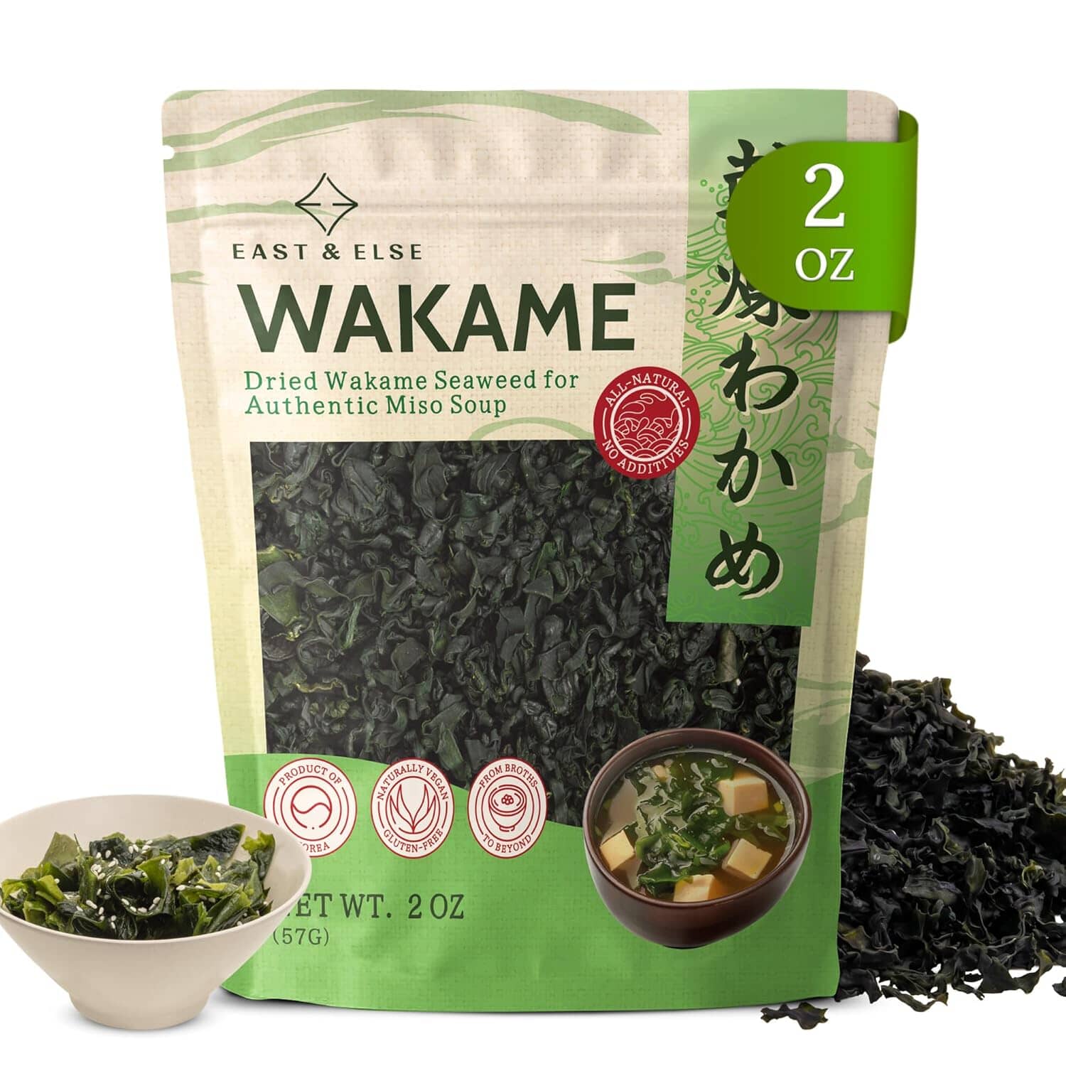 East and Else Wakame Seaweed, 6 oz Dried Wakame Flakes, 100% Natural Sea Vegetable for Miso Soup, Salads, Ramen & Miyeokguk Soup, Pre-Cut, Ready-to-Use, Resealable Bag, Product of Korea East and Else 2 Ounce 