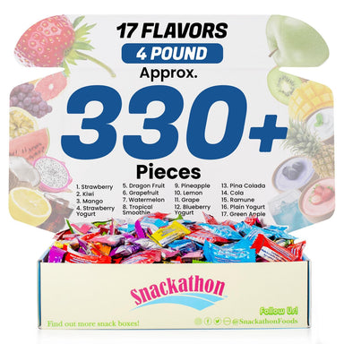 Fruit Chew 17 Flavors, Bulk 330+ Pieces, 4 Pound (Strawberry, Mango, Green Apple, Grape, Pineapple, Kiwi, Dragon Fruit, Ramune, Cola, Grapefruit, Lemon, Watermelon and Many More) Snackathon 
