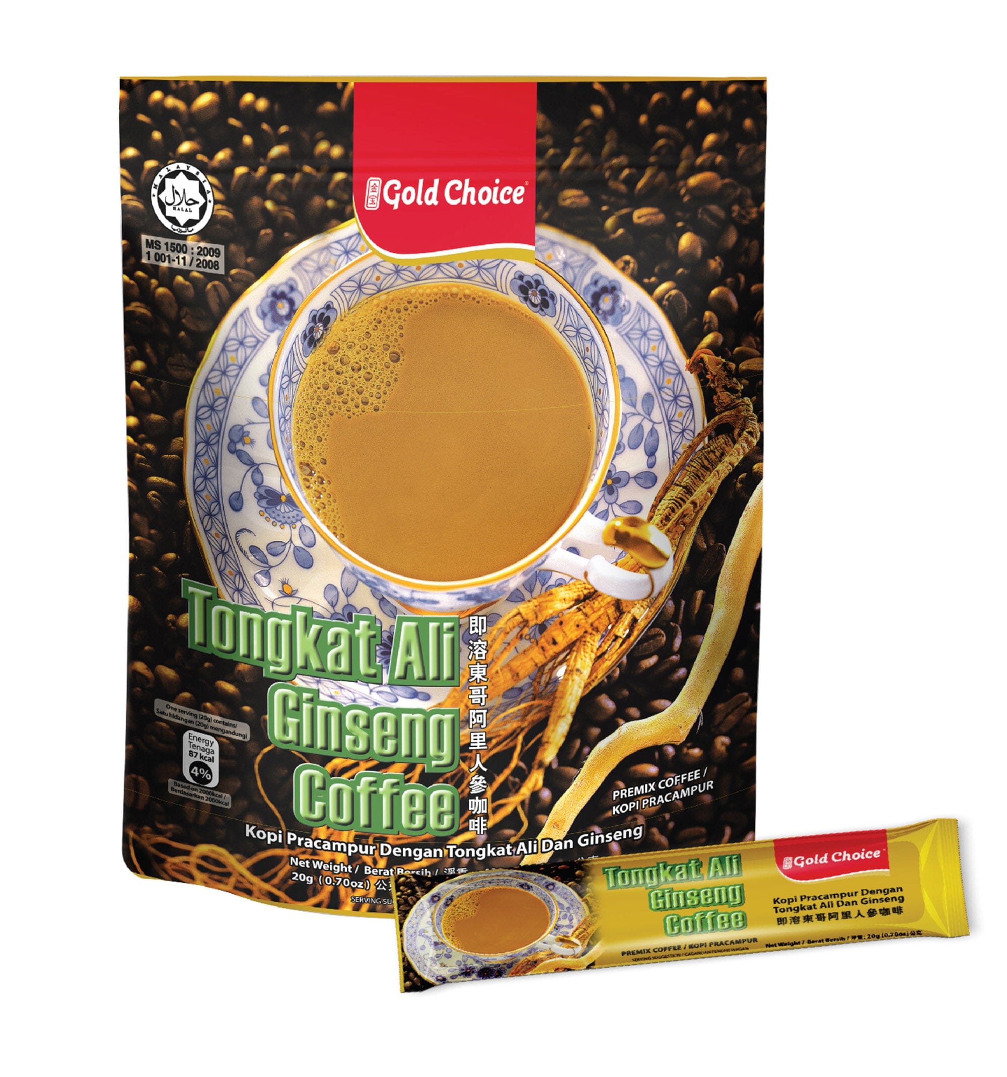 Gold Choice Instant Tongkat Ali Ginseng Coffee, 14 oz (20 × 0.71 oz) Gold Choice Pack of 1 