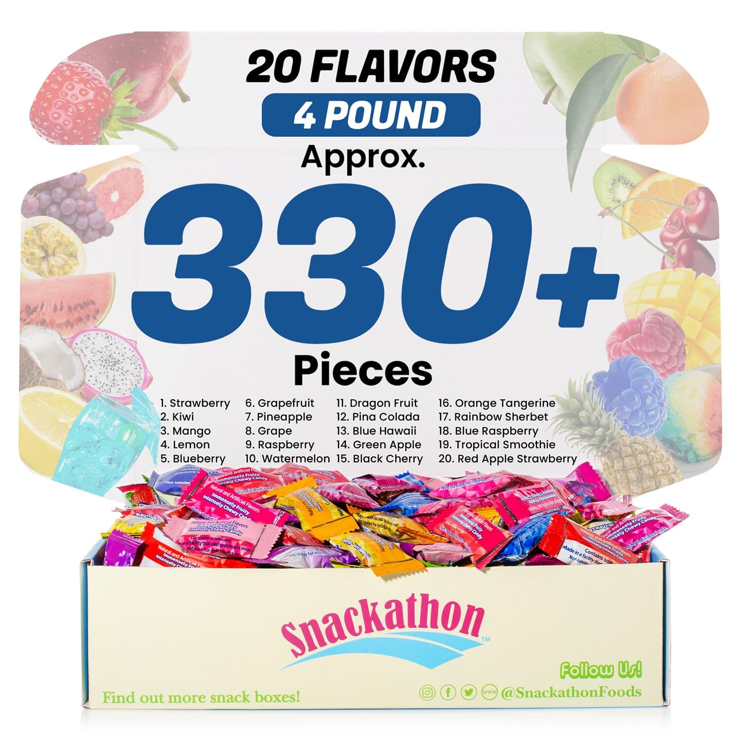 Hi Chew 20 Flavors, Bulk 330+ Pieces, 4 Pound (Strawberry, Mango, Green Apple, Grape, Pineapple, Kiwi, Dragon Fruit, 3 Berries, Orange Tang, Apple Strawberry, Raspberry, Blue Hawaii, Rainbow Sherbet) Snackathon 