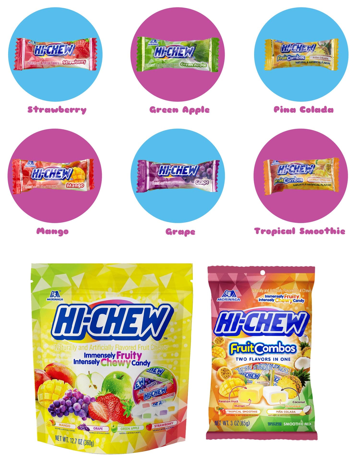 Hi Chew 6 Flavors, Bulk 165+ Pieces, 2 Pound (Hi Chew Fruit Strawberry, Mango, Green Apple, Grape, Tropical Smoothie, Pina Colada) Snackathon 