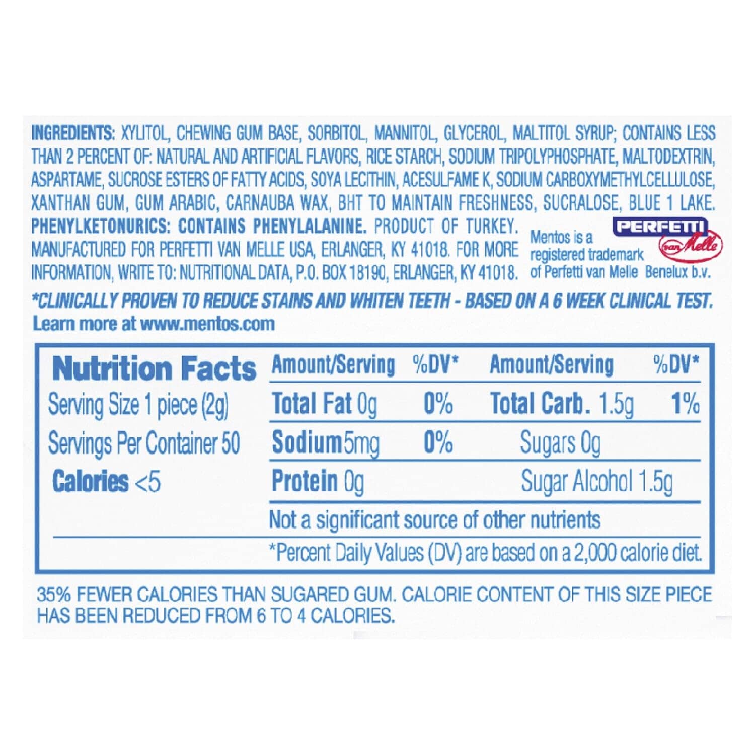 Mentos Gum Sugar Free, Pure White Sweet Mint, 50 Piece Mentos 